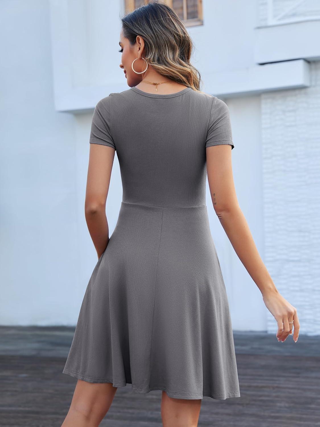 imageANRABESS Women Summer Short Sleeve Ribbed Knit Fit ampamp Flare ALine Flowy Business Casual Work Basic Mini Dress with PocketsGray