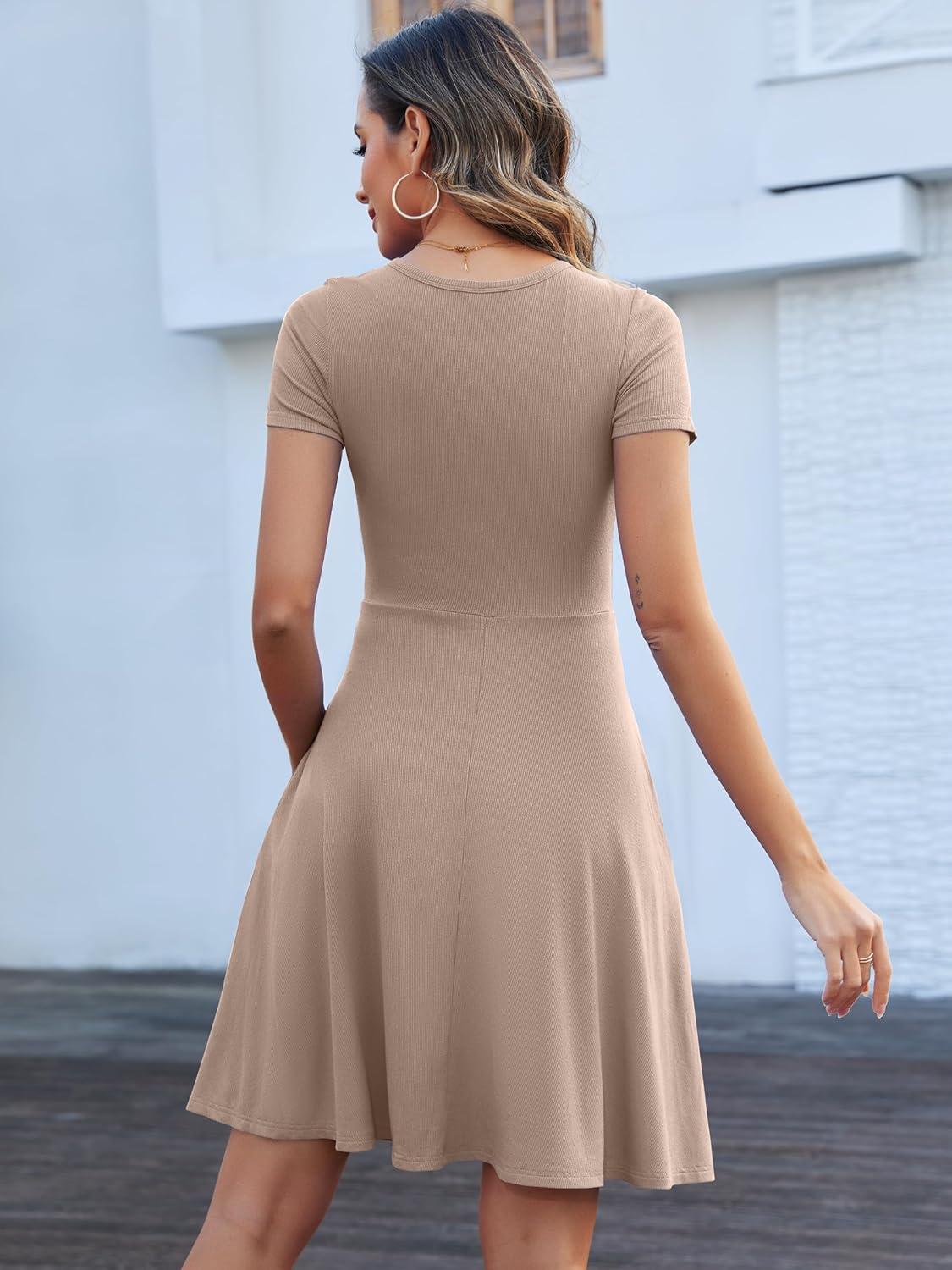 imageANRABESS Women Summer Short Sleeve Ribbed Knit Fit ampamp Flare ALine Flowy Business Casual Work Basic Mini Dress with PocketsLight Khaki