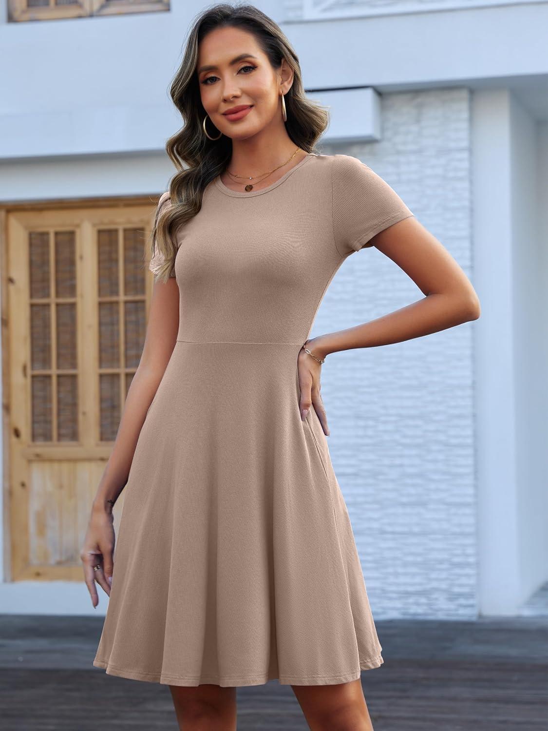 imageANRABESS Women Summer Short Sleeve Ribbed Knit Fit ampamp Flare ALine Flowy Business Casual Work Basic Mini Dress with PocketsLight Khaki