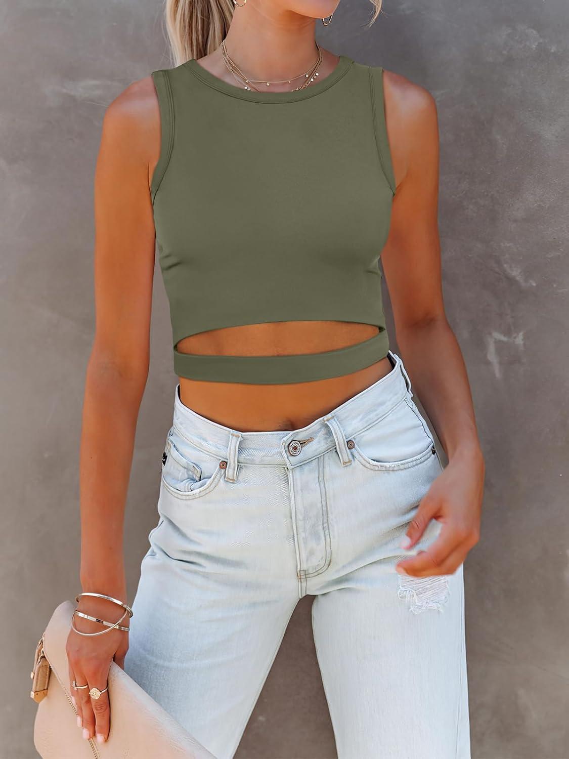 imageANRABESS Women Tank Tops High Neck Sleeveless Sexy Cutout Racer Back Going Out Crop Tops Shirts Summer Y2K OutfitsArmy Green