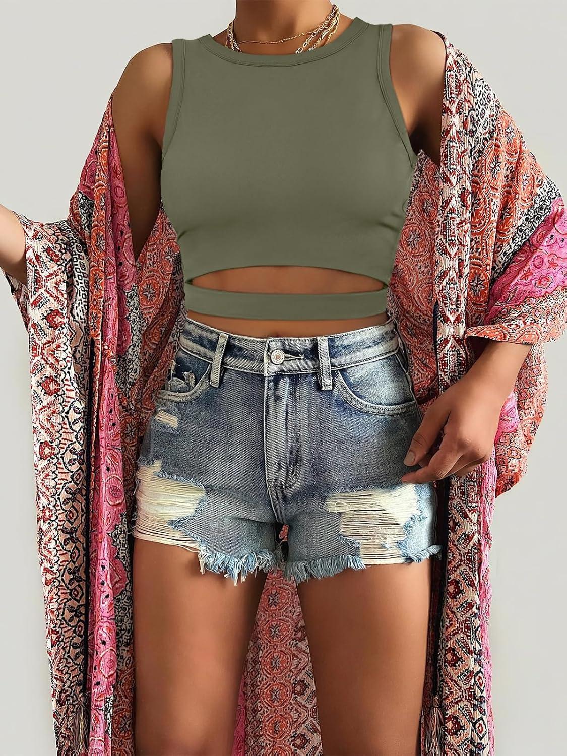 imageANRABESS Women Tank Tops High Neck Sleeveless Sexy Cutout Racer Back Going Out Crop Tops Shirts Summer Y2K OutfitsArmy Green