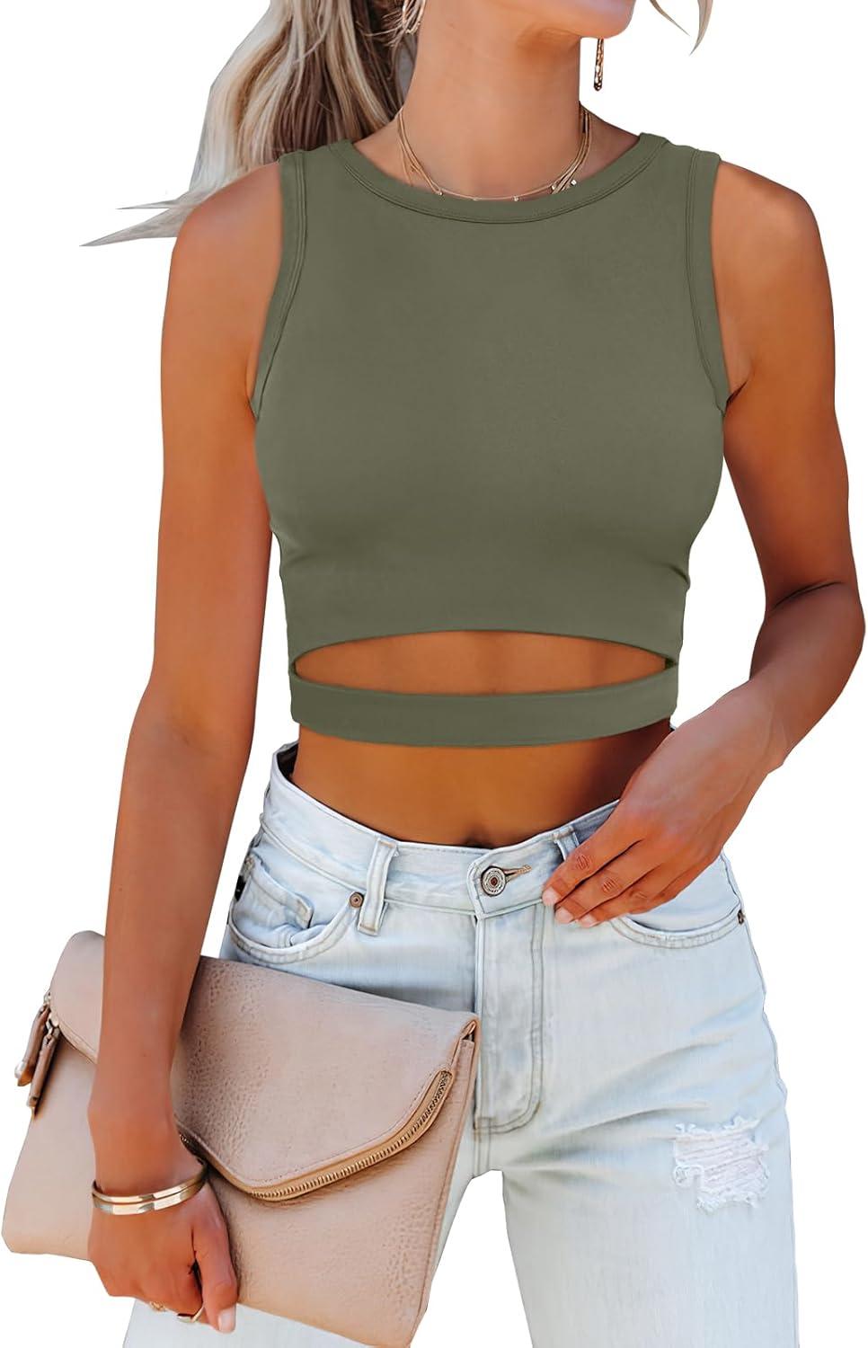 imageANRABESS Women Tank Tops High Neck Sleeveless Sexy Cutout Racer Back Going Out Crop Tops Shirts Summer Y2K OutfitsArmy Green