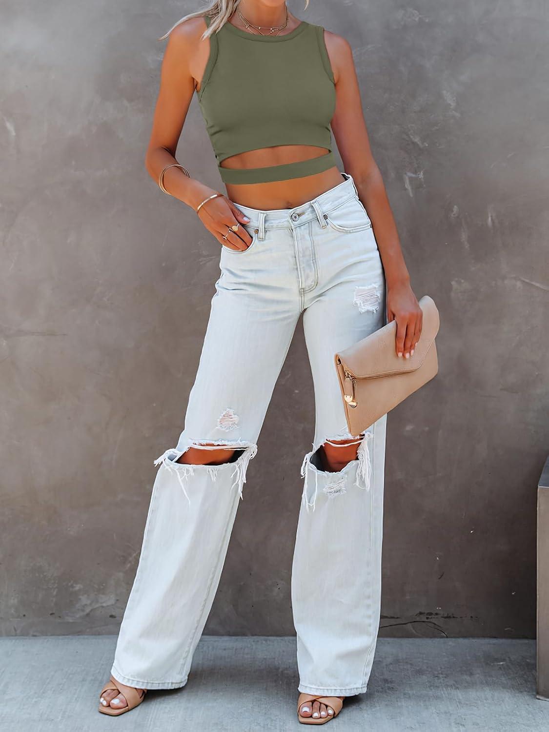 imageANRABESS Women Tank Tops High Neck Sleeveless Sexy Cutout Racer Back Going Out Crop Tops Shirts Summer Y2K OutfitsArmy Green