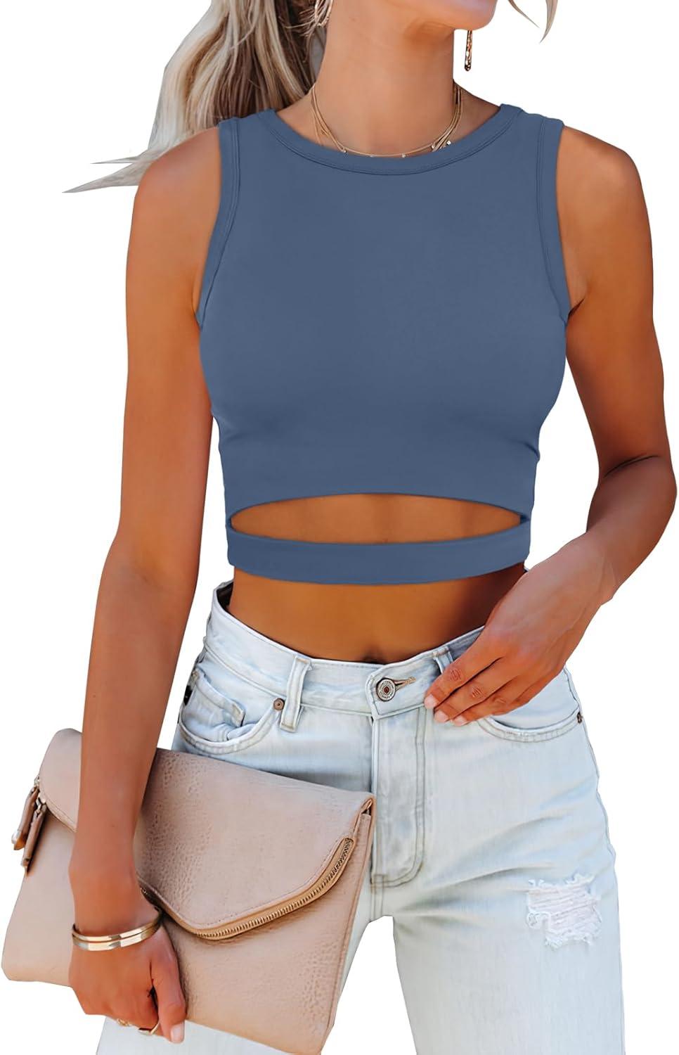 imageANRABESS Women Tank Tops High Neck Sleeveless Sexy Cutout Racer Back Going Out Crop Tops Shirts Summer Y2K OutfitsBlue