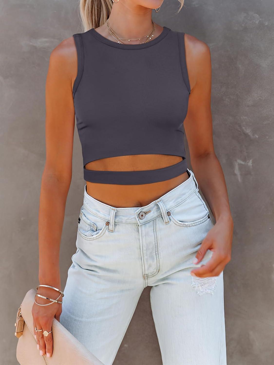 imageANRABESS Women Tank Tops High Neck Sleeveless Sexy Cutout Racer Back Going Out Crop Tops Shirts Summer Y2K OutfitsDark Gray