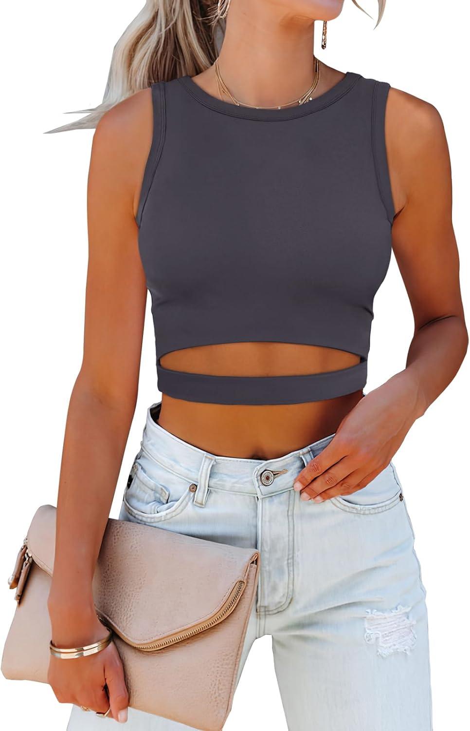 imageANRABESS Women Tank Tops High Neck Sleeveless Sexy Cutout Racer Back Going Out Crop Tops Shirts Summer Y2K OutfitsDark Gray