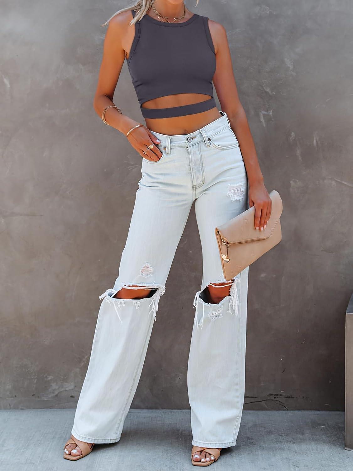 imageANRABESS Women Tank Tops High Neck Sleeveless Sexy Cutout Racer Back Going Out Crop Tops Shirts Summer Y2K OutfitsDark Gray