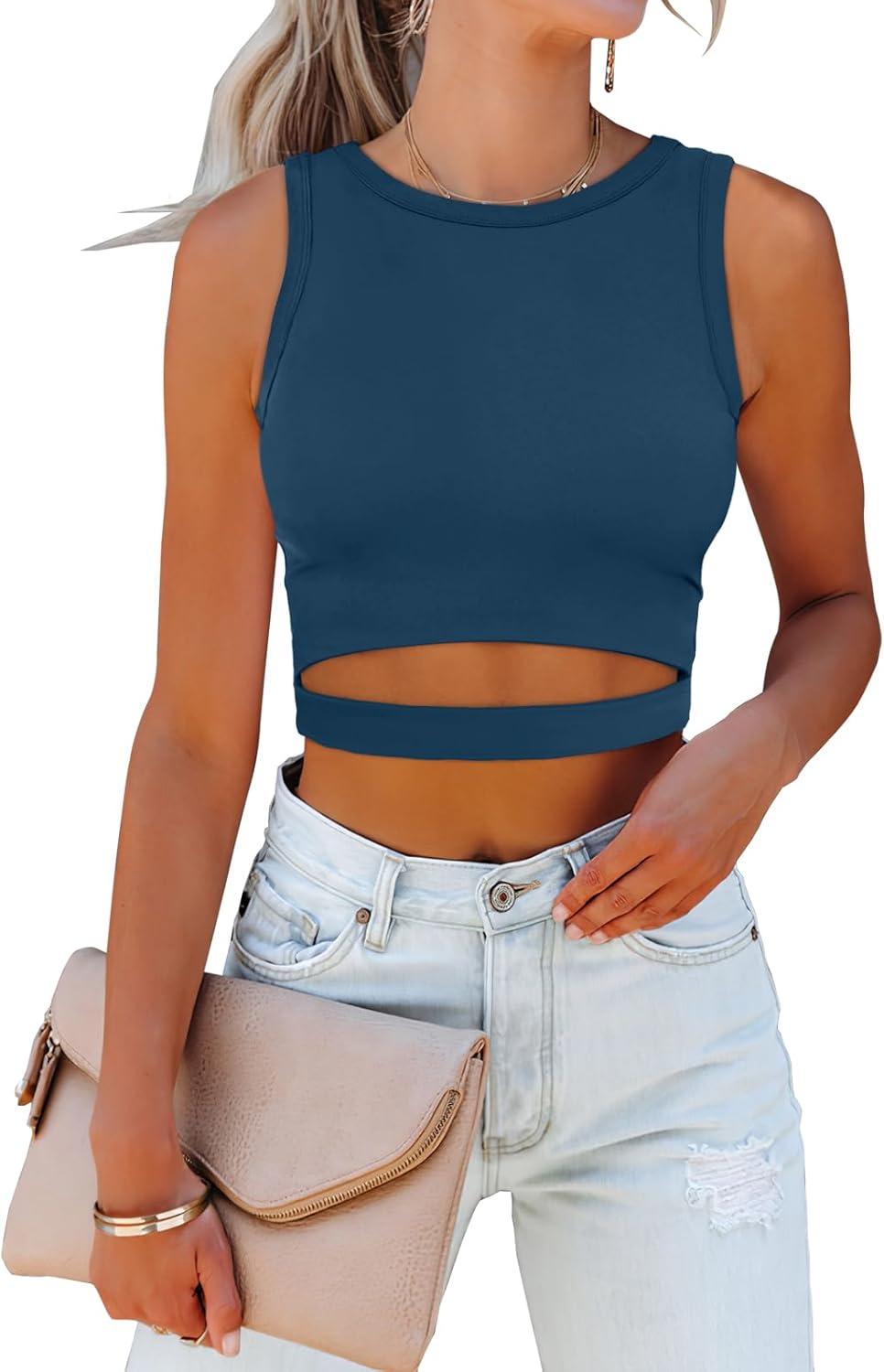 imageANRABESS Women Tank Tops High Neck Sleeveless Sexy Cutout Racer Back Going Out Crop Tops Shirts Summer Y2K OutfitsDeep Blue