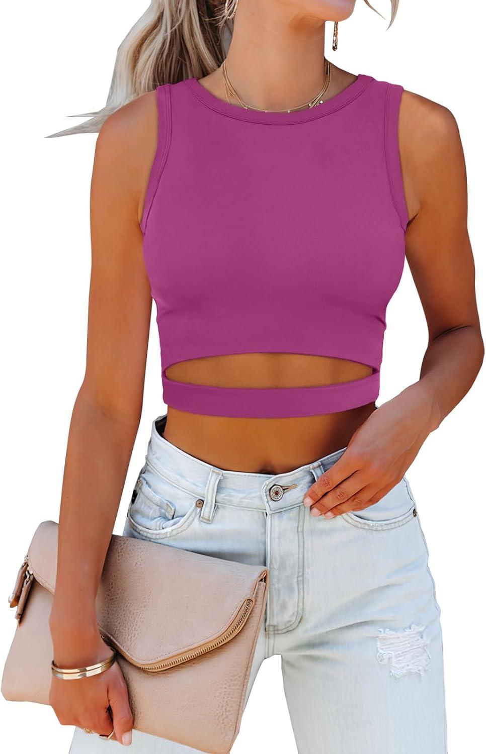 imageANRABESS Women Tank Tops High Neck Sleeveless Sexy Cutout Racer Back Going Out Crop Tops Shirts Summer Y2K OutfitsHot Pink