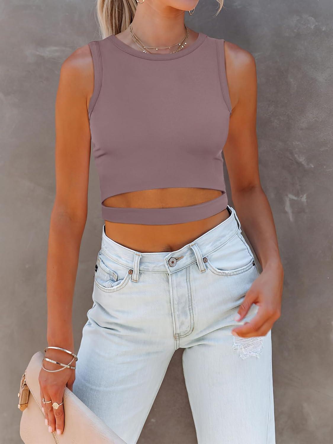 imageANRABESS Women Tank Tops High Neck Sleeveless Sexy Cutout Racer Back Going Out Crop Tops Shirts Summer Y2K OutfitsNutmeg