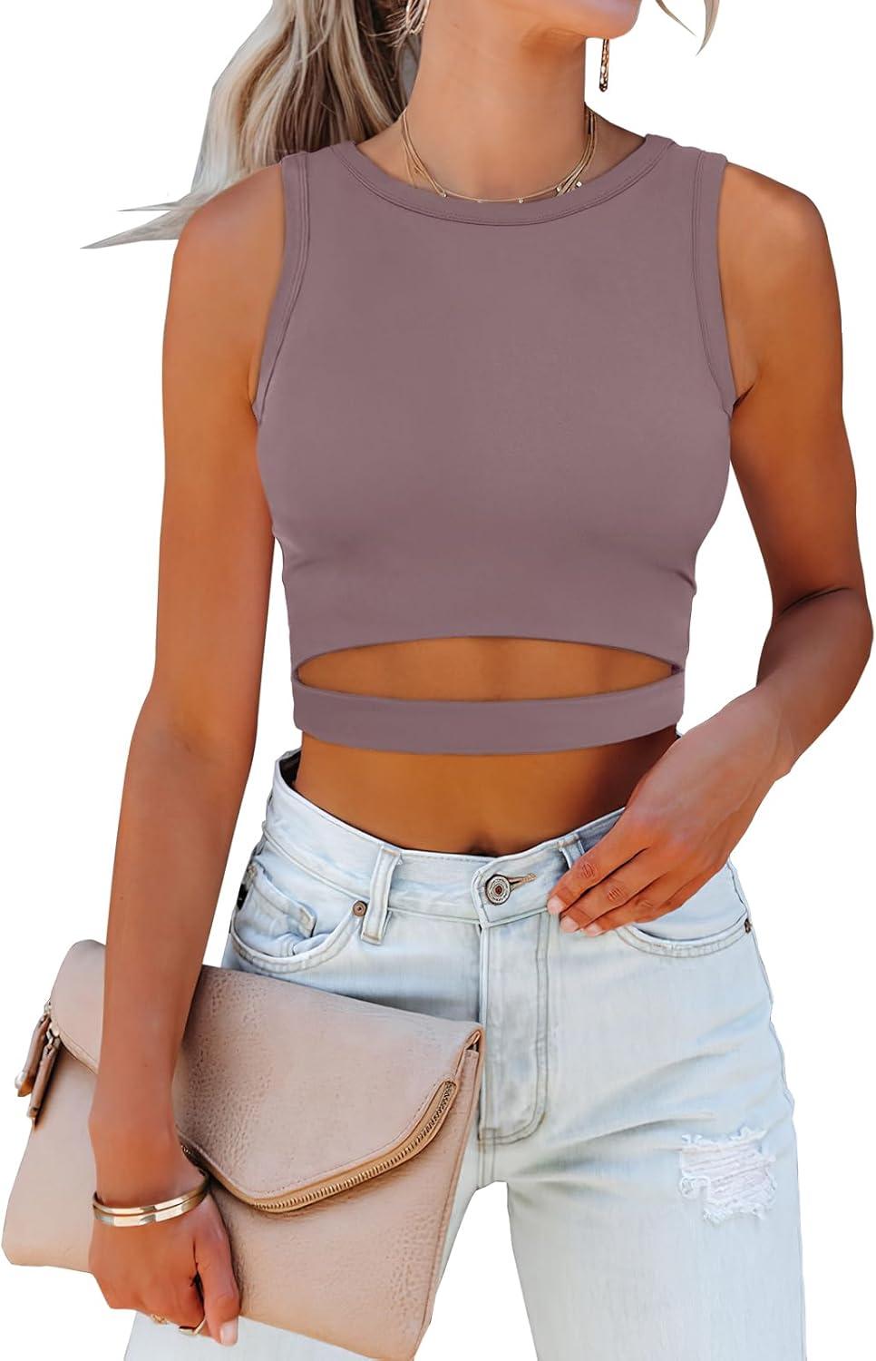 imageANRABESS Women Tank Tops High Neck Sleeveless Sexy Cutout Racer Back Going Out Crop Tops Shirts Summer Y2K OutfitsNutmeg