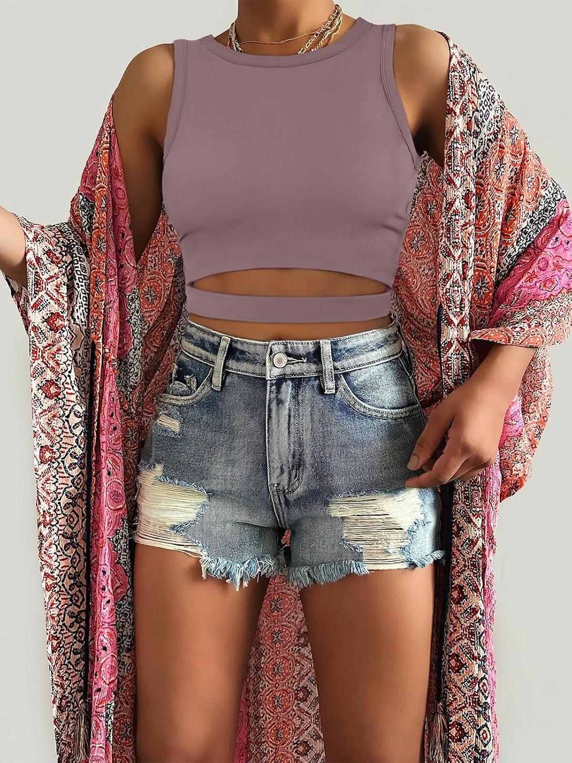 imageANRABESS Women Tank Tops High Neck Sleeveless Sexy Cutout Racer Back Going Out Crop Tops Shirts Summer Y2K OutfitsNutmeg