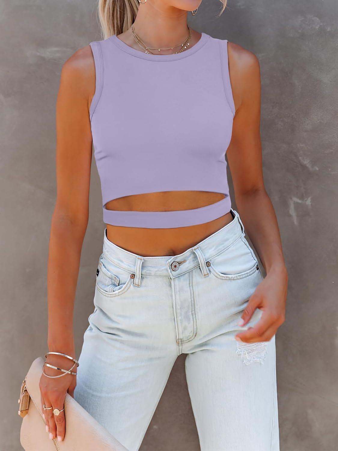 imageANRABESS Women Tank Tops High Neck Sleeveless Sexy Cutout Racer Back Going Out Crop Tops Shirts Summer Y2K OutfitsPurple