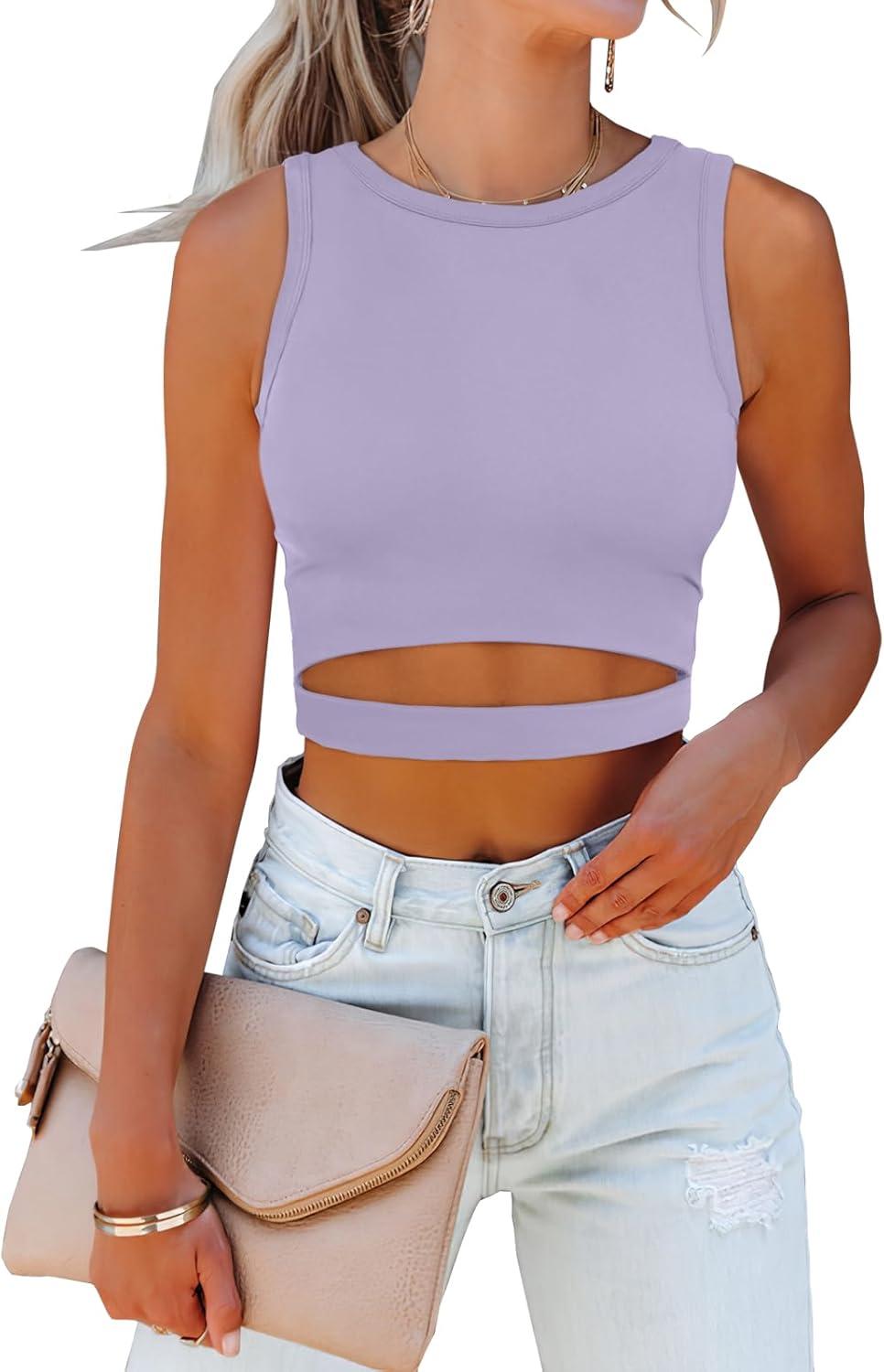 imageANRABESS Women Tank Tops High Neck Sleeveless Sexy Cutout Racer Back Going Out Crop Tops Shirts Summer Y2K OutfitsPurple