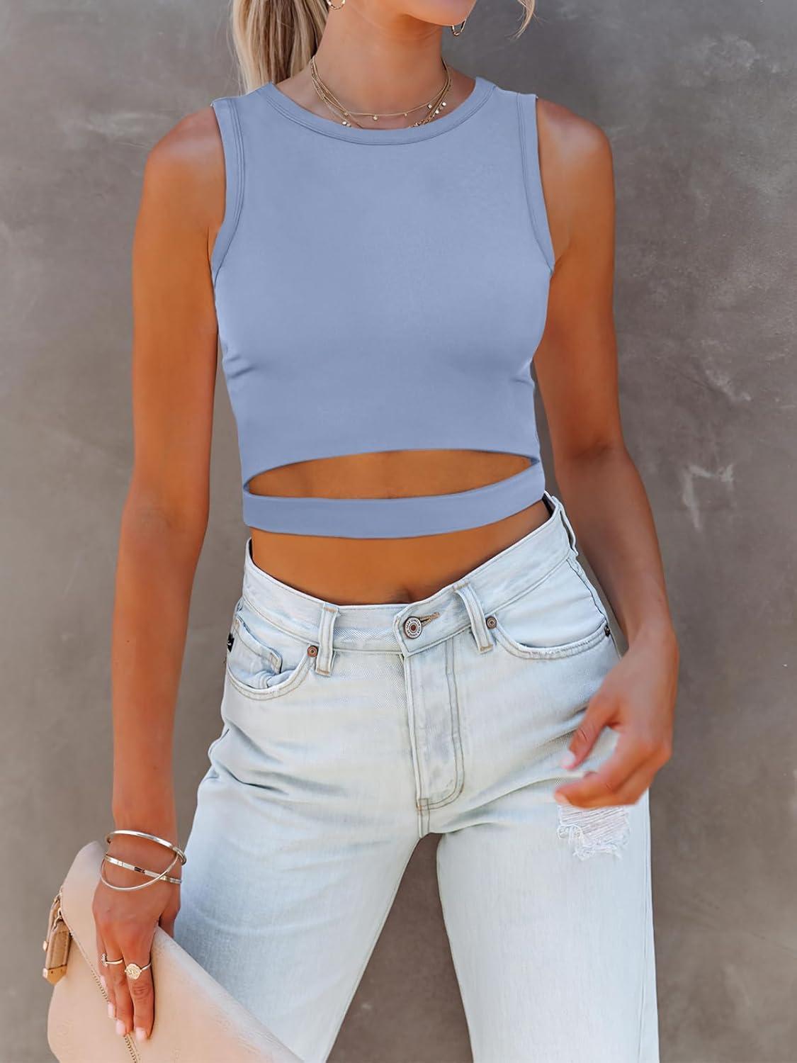 imageANRABESS Women Tank Tops High Neck Sleeveless Sexy Cutout Racer Back Going Out Crop Tops Shirts Summer Y2K OutfitsSky