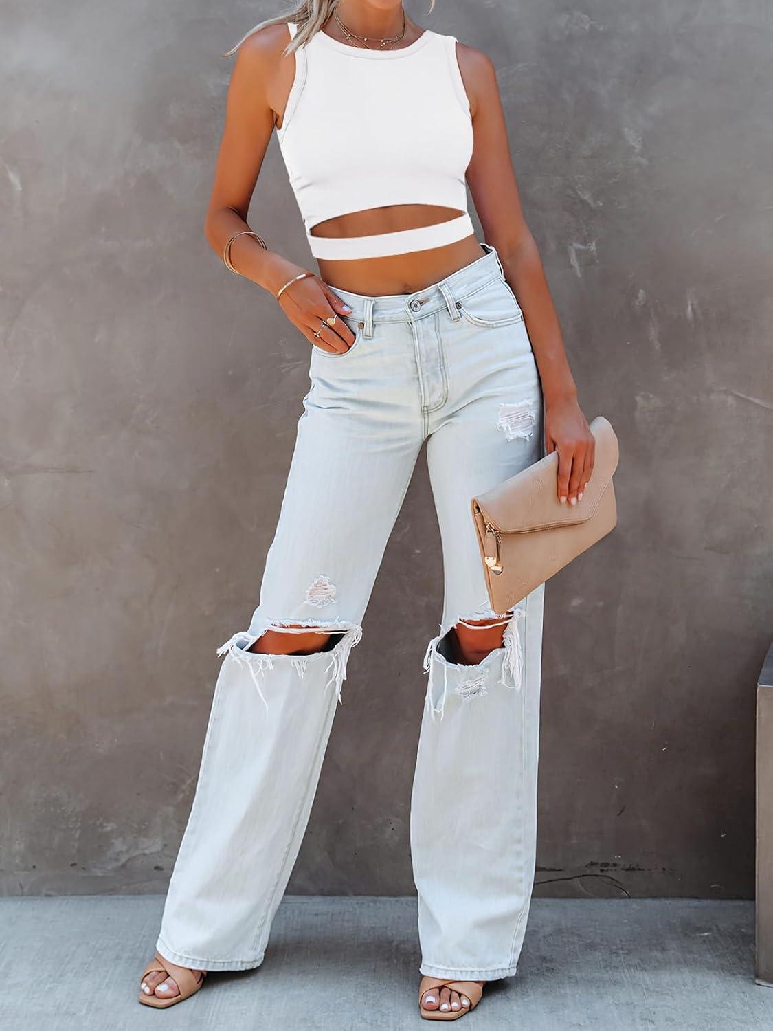 imageANRABESS Women Tank Tops High Neck Sleeveless Sexy Cutout Racer Back Going Out Crop Tops Shirts Summer Y2K OutfitsWhite