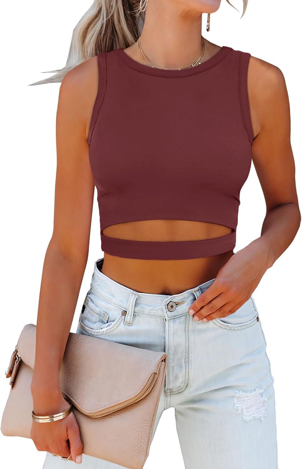 imageANRABESS Women Tank Tops High Neck Sleeveless Sexy Cutout Racer Back Going Out Crop Tops Shirts Summer Y2K OutfitsWine Red