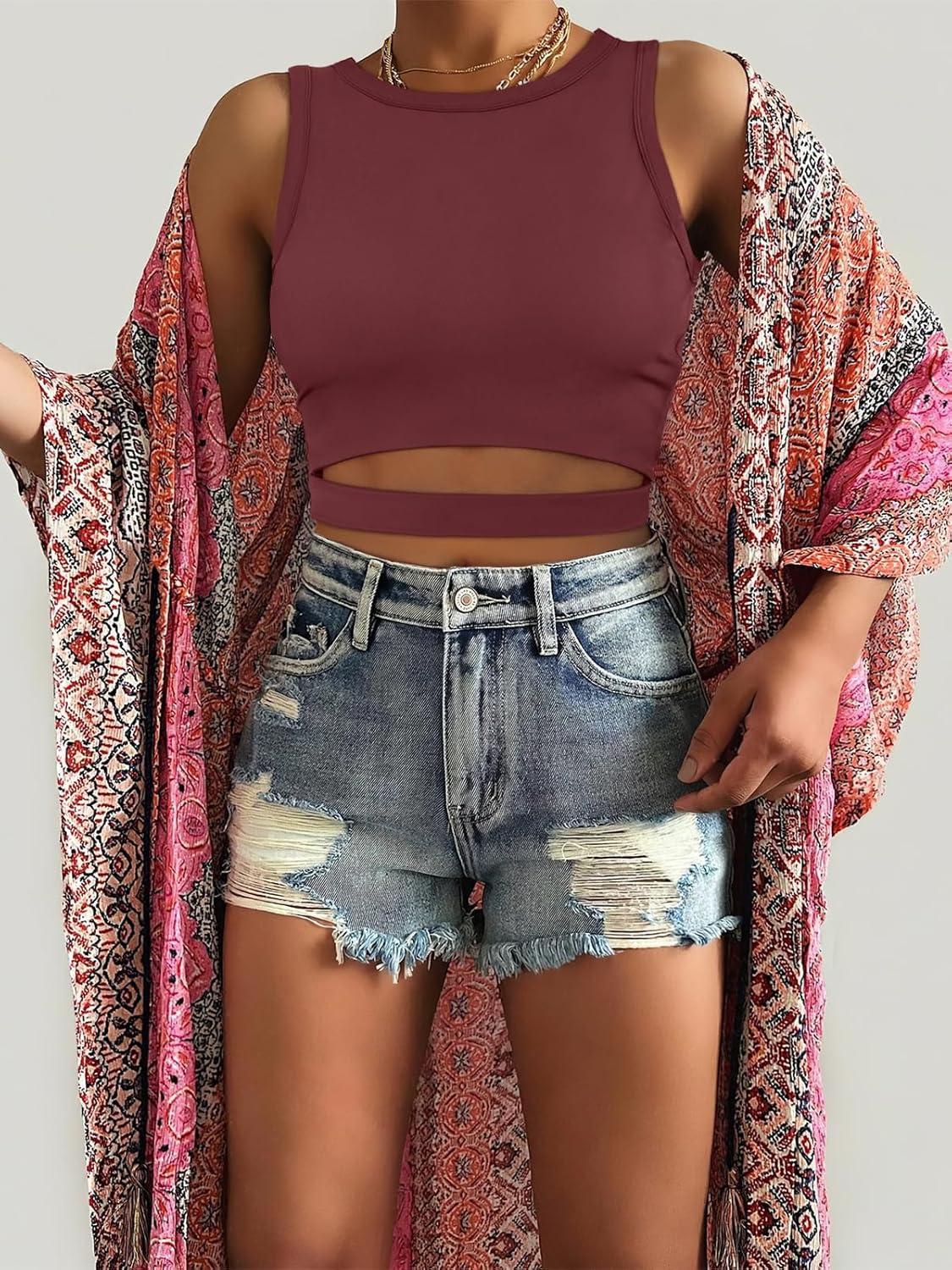 imageANRABESS Women Tank Tops High Neck Sleeveless Sexy Cutout Racer Back Going Out Crop Tops Shirts Summer Y2K OutfitsWine Red