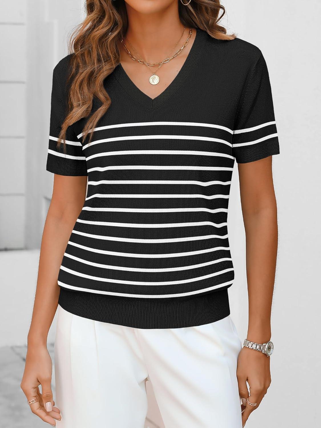imageANRABESS Women Wool Blend Sweater Summer 2025 Short Sleeve V Neck Pullover Top Business Casual Outfit Beach Vacation ClothesBlack White Stripe