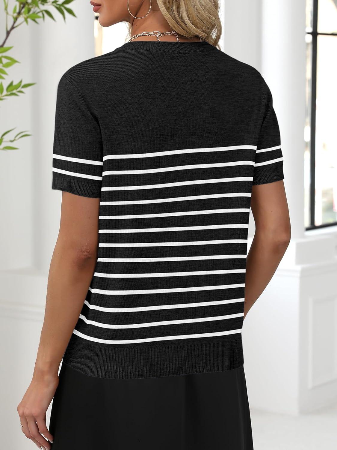 imageANRABESS Women Wool Blend Sweater Summer 2025 Short Sleeve V Neck Pullover Top Business Casual Outfit Beach Vacation ClothesBlack White Stripe