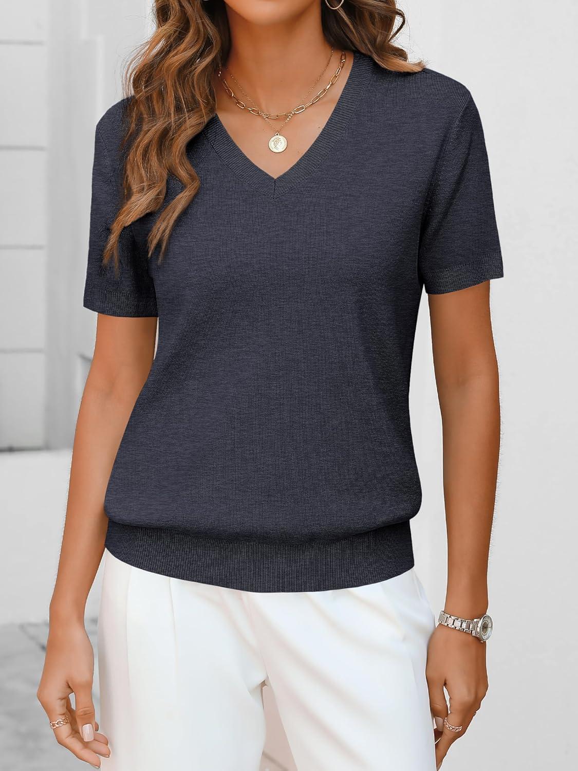 imageANRABESS Women Wool Blend Sweater Summer 2025 Short Sleeve V Neck Pullover Top Business Casual Outfit Beach Vacation ClothesDark Gray