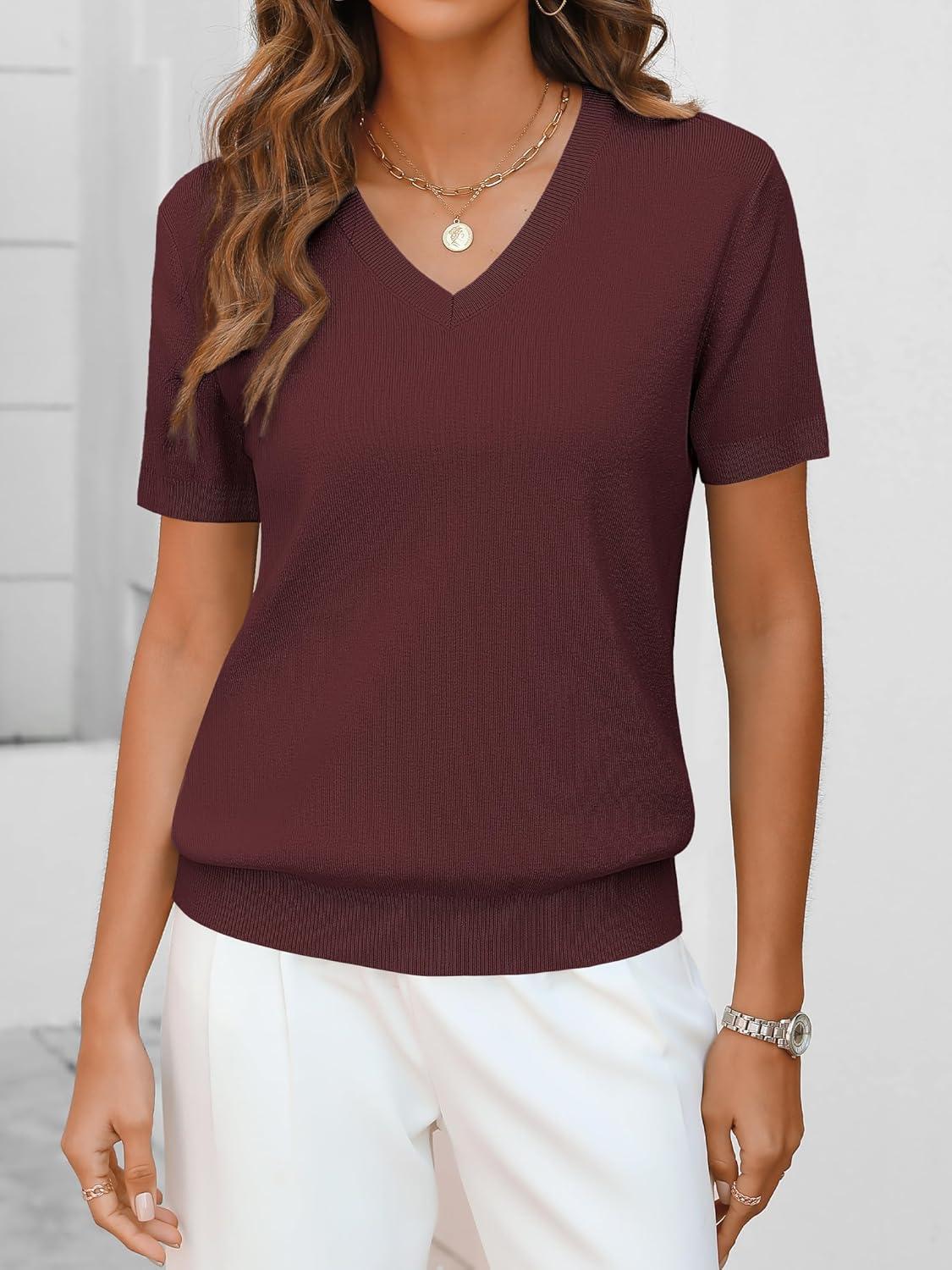 imageANRABESS Women Wool Blend Sweater Summer 2025 Short Sleeve V Neck Pullover Top Business Casual Outfit Beach Vacation ClothesDark Red