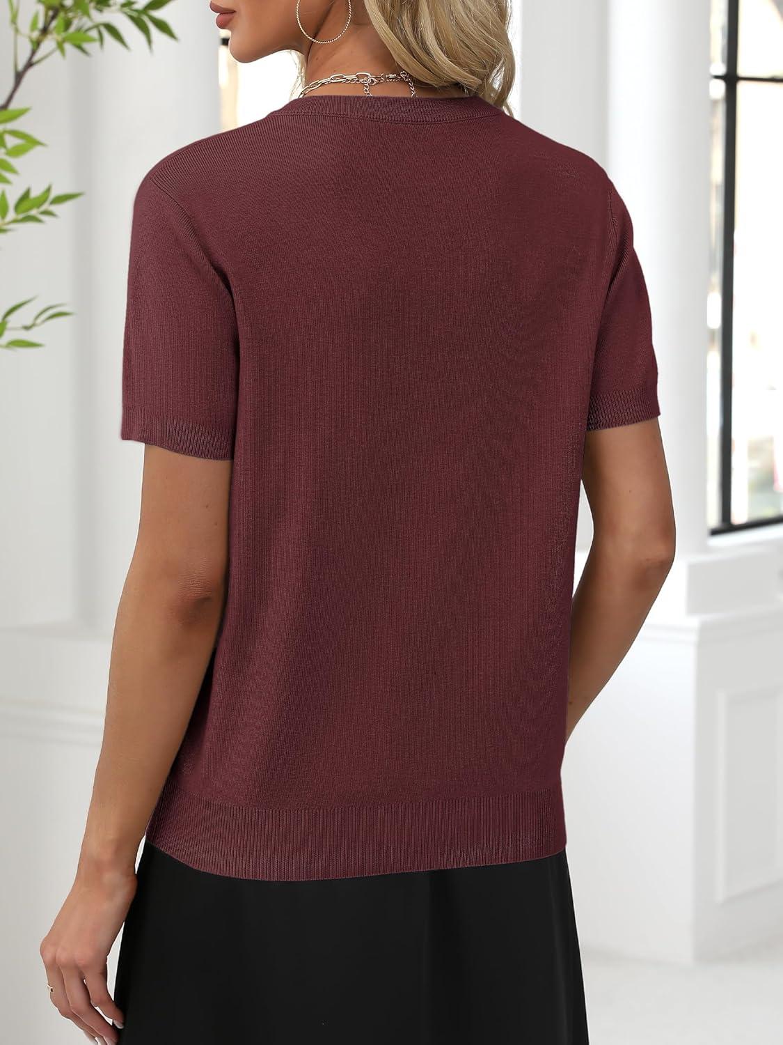 imageANRABESS Women Wool Blend Sweater Summer 2025 Short Sleeve V Neck Pullover Top Business Casual Outfit Beach Vacation ClothesDark Red