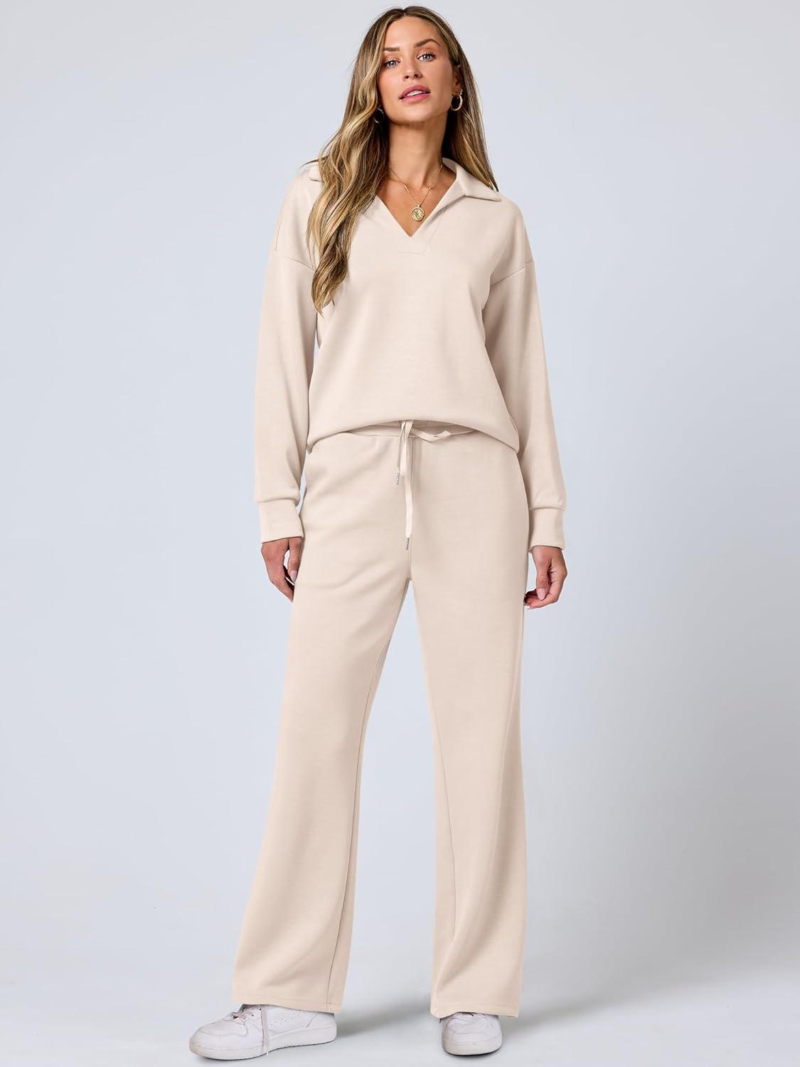 imageANRABESS Womens 2 Piece Outfits Lounge Sets Casual Long Sleeve Sweatsuits Polo Top Wide Leg Pants Fall Sweat Matching SetsApricot