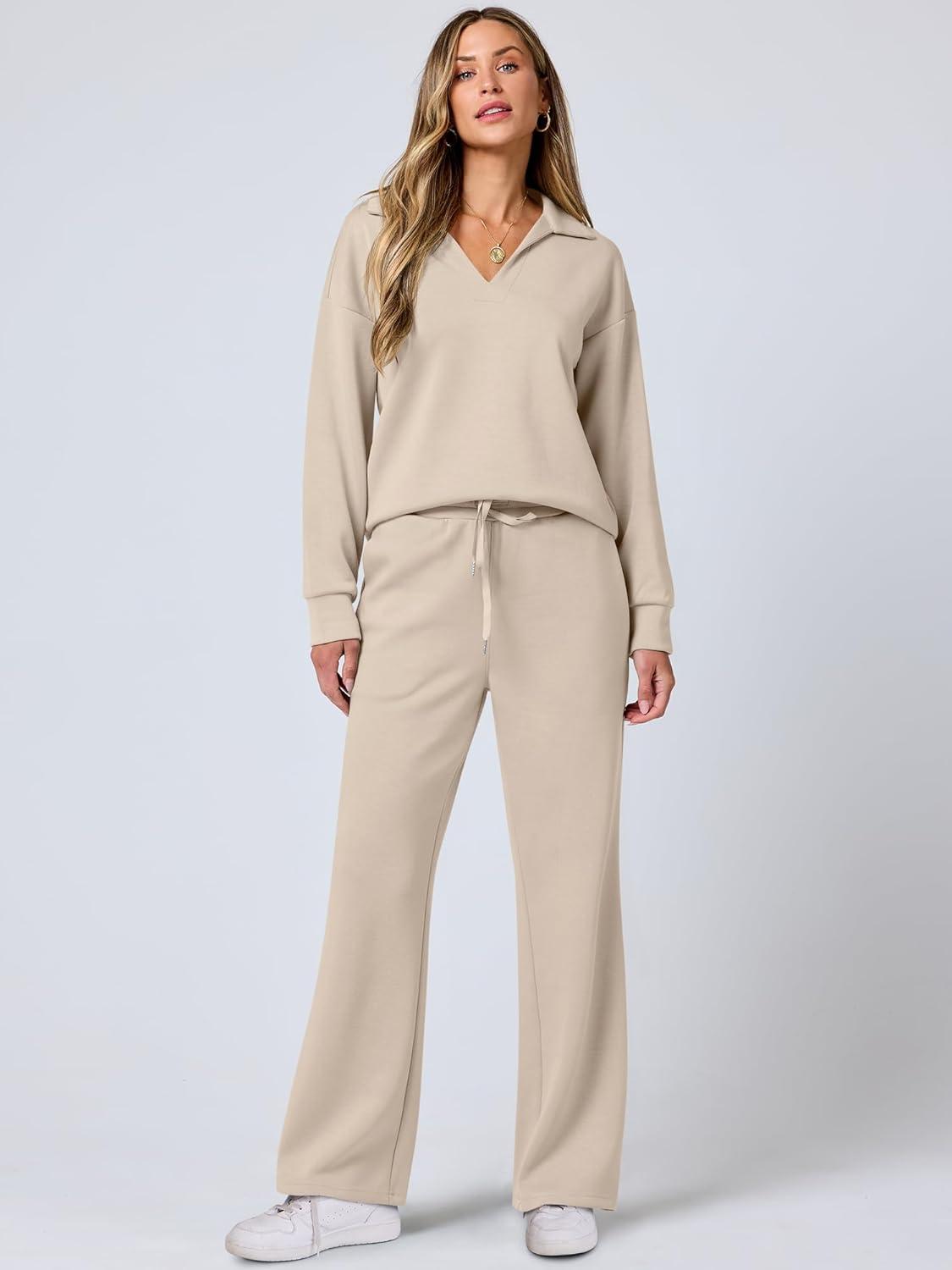 imageANRABESS Womens 2 Piece Outfits Lounge Sets Casual Long Sleeve Sweatsuits Polo Top Wide Leg Pants Fall Sweat Matching SetsLighter Khaki