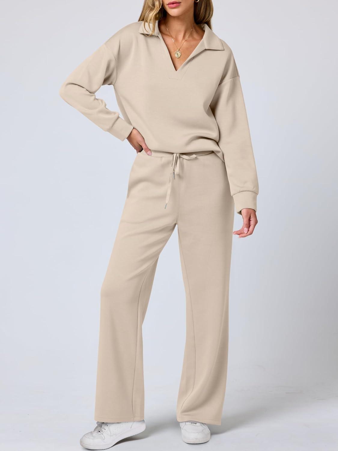 imageANRABESS Womens 2 Piece Outfits Lounge Sets Casual Long Sleeve Sweatsuits Polo Top Wide Leg Pants Fall Sweat Matching SetsLighter Khaki