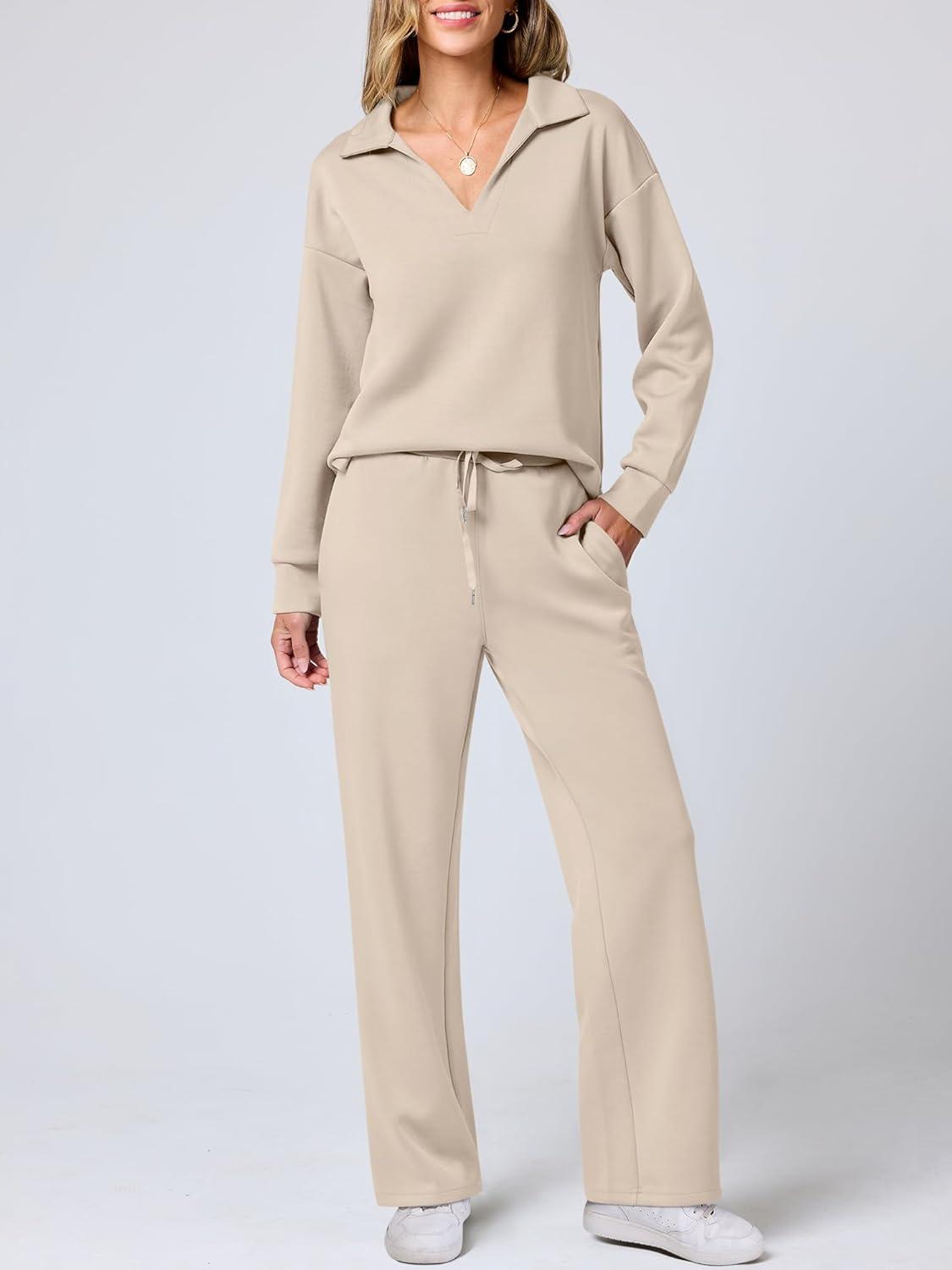 imageANRABESS Womens 2 Piece Outfits Lounge Sets Casual Long Sleeve Sweatsuits Polo Top Wide Leg Pants Fall Sweat Matching SetsLighter Khaki