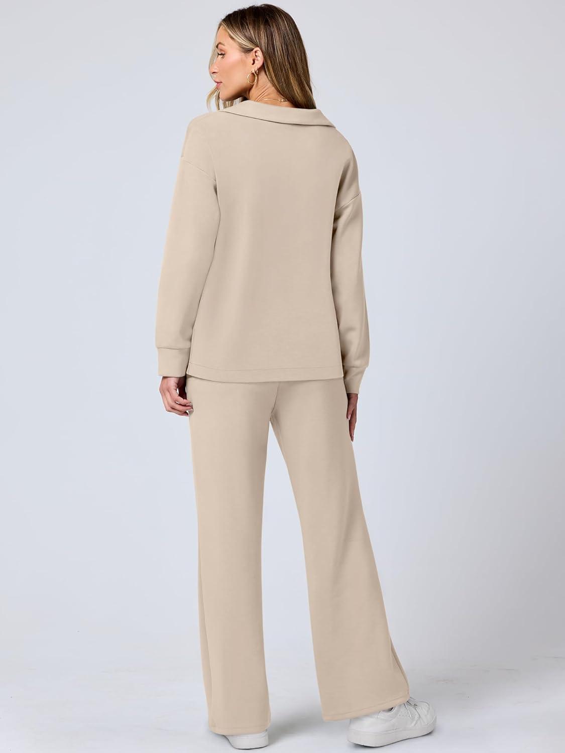 imageANRABESS Womens 2 Piece Outfits Lounge Sets Casual Long Sleeve Sweatsuits Polo Top Wide Leg Pants Fall Sweat Matching SetsLighter Khaki