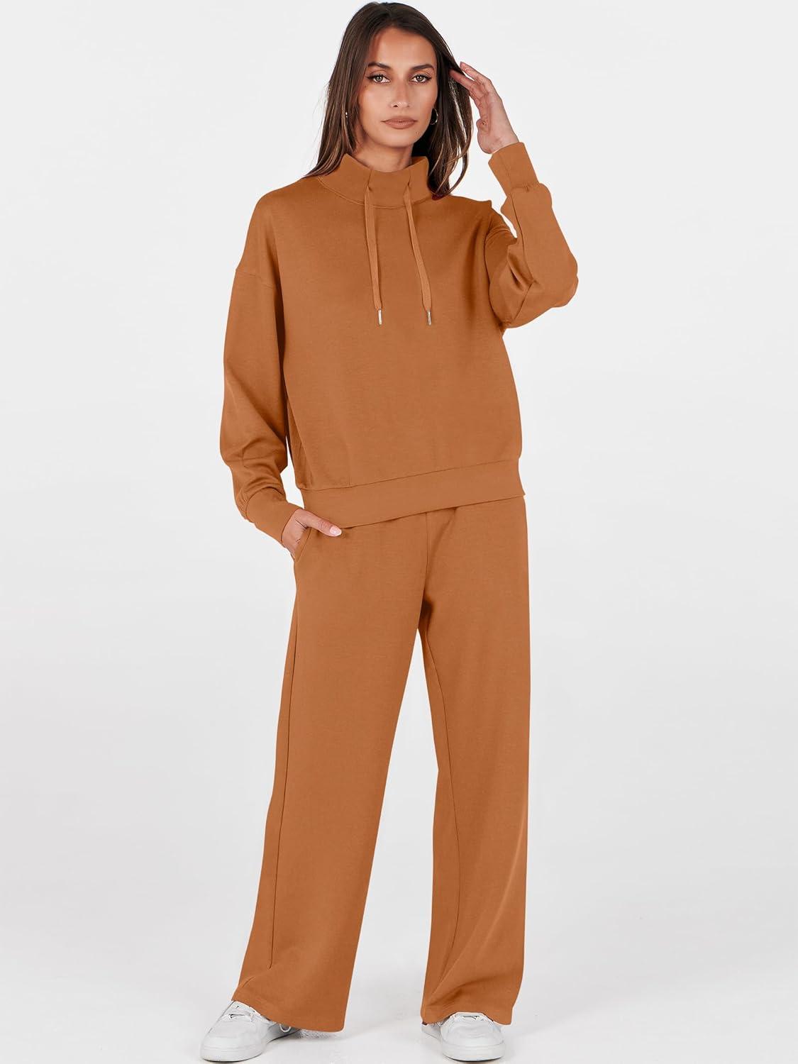 imageANRABESS Womens 2 Piece Outfits Sweatsuit Set 2025 Fall Drawstring Sweatshirt Wide Leg Sweatpant Lounge Set TracksuitCaramel