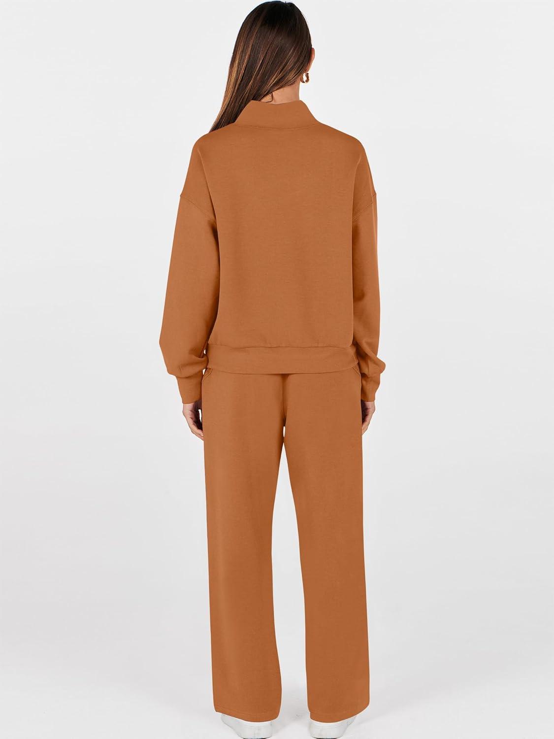 imageANRABESS Womens 2 Piece Outfits Sweatsuit Set 2025 Fall Drawstring Sweatshirt Wide Leg Sweatpant Lounge Set TracksuitCaramel