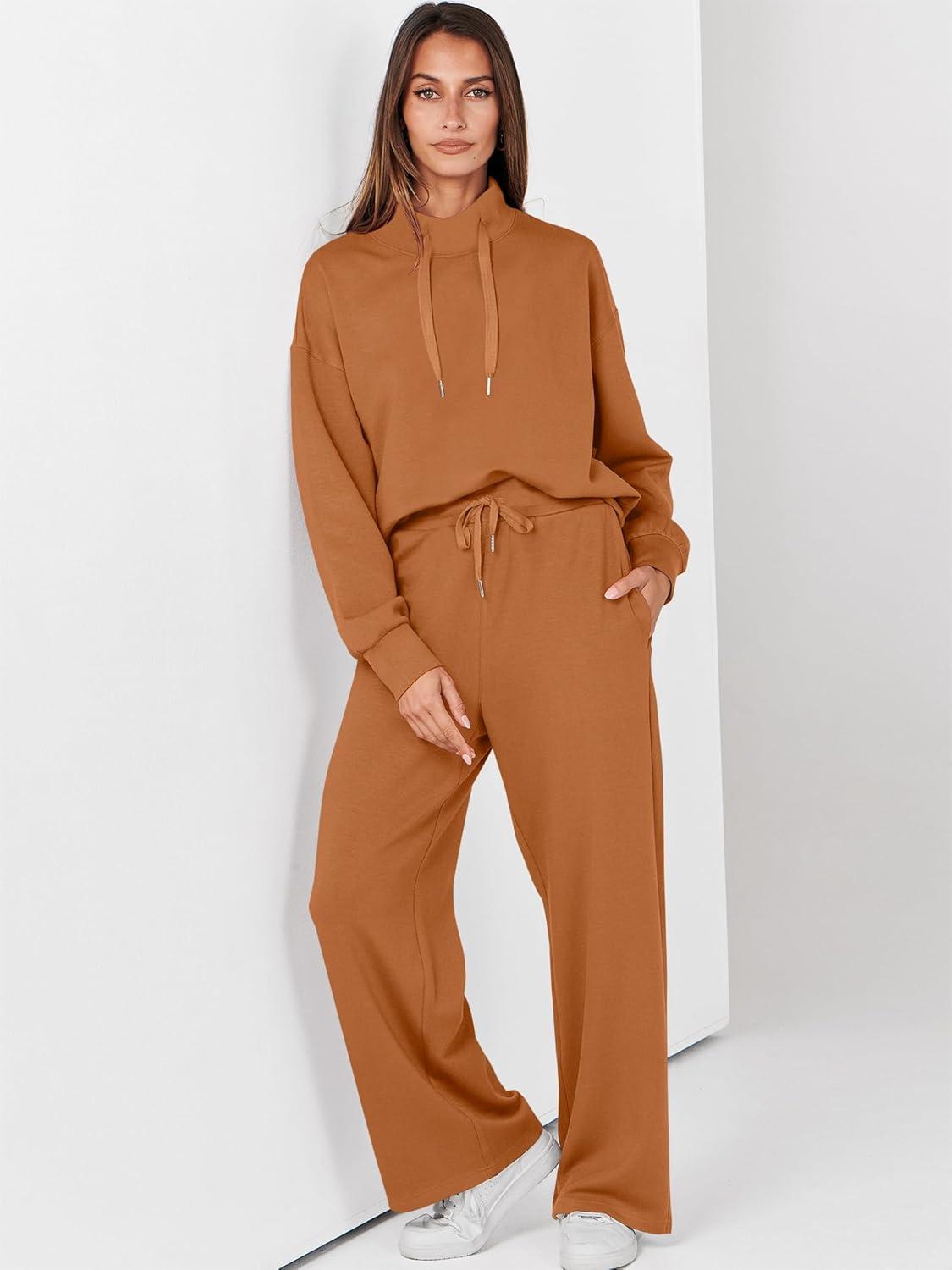 imageANRABESS Womens 2 Piece Outfits Sweatsuit Set 2025 Fall Drawstring Sweatshirt Wide Leg Sweatpant Lounge Set TracksuitCaramel