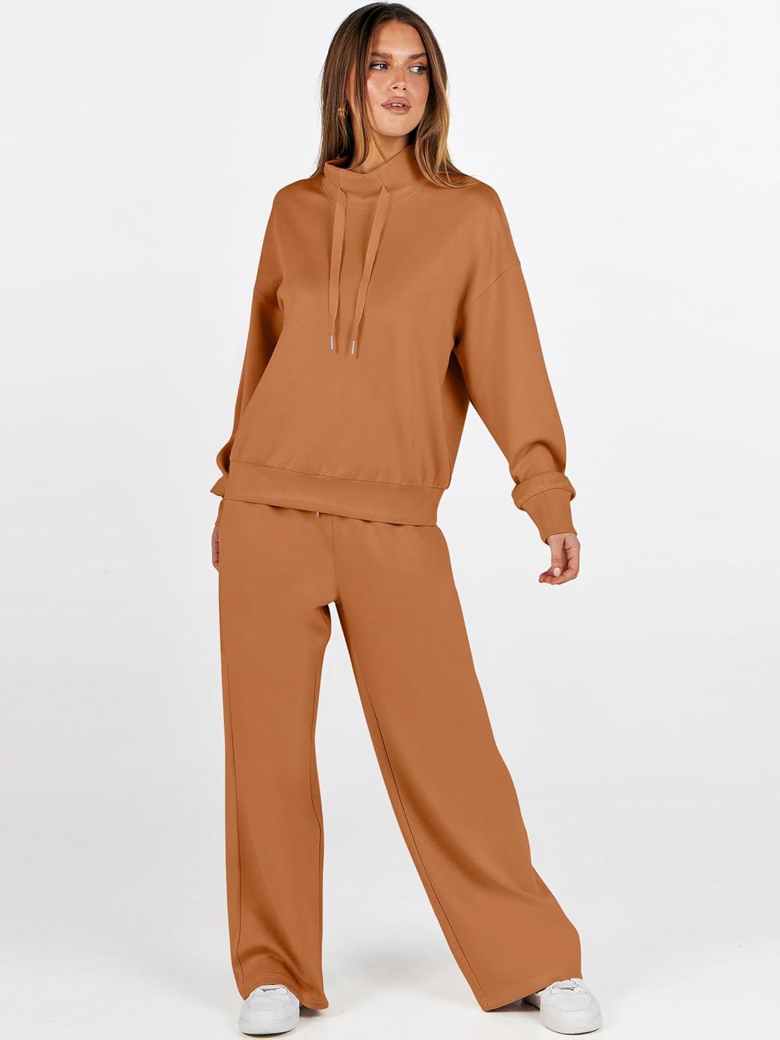 imageANRABESS Womens 2 Piece Outfits Sweatsuit Set 2025 Fall Drawstring Sweatshirt Wide Leg Sweatpant Lounge Set TracksuitCaramel