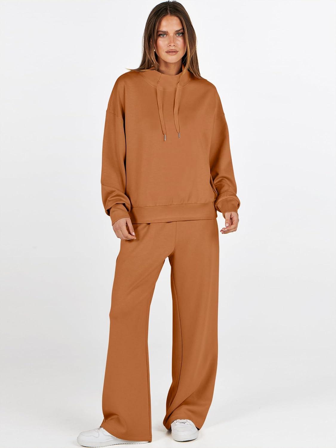 imageANRABESS Womens 2 Piece Outfits Sweatsuit Set 2025 Fall Drawstring Sweatshirt Wide Leg Sweatpant Lounge Set TracksuitCaramel