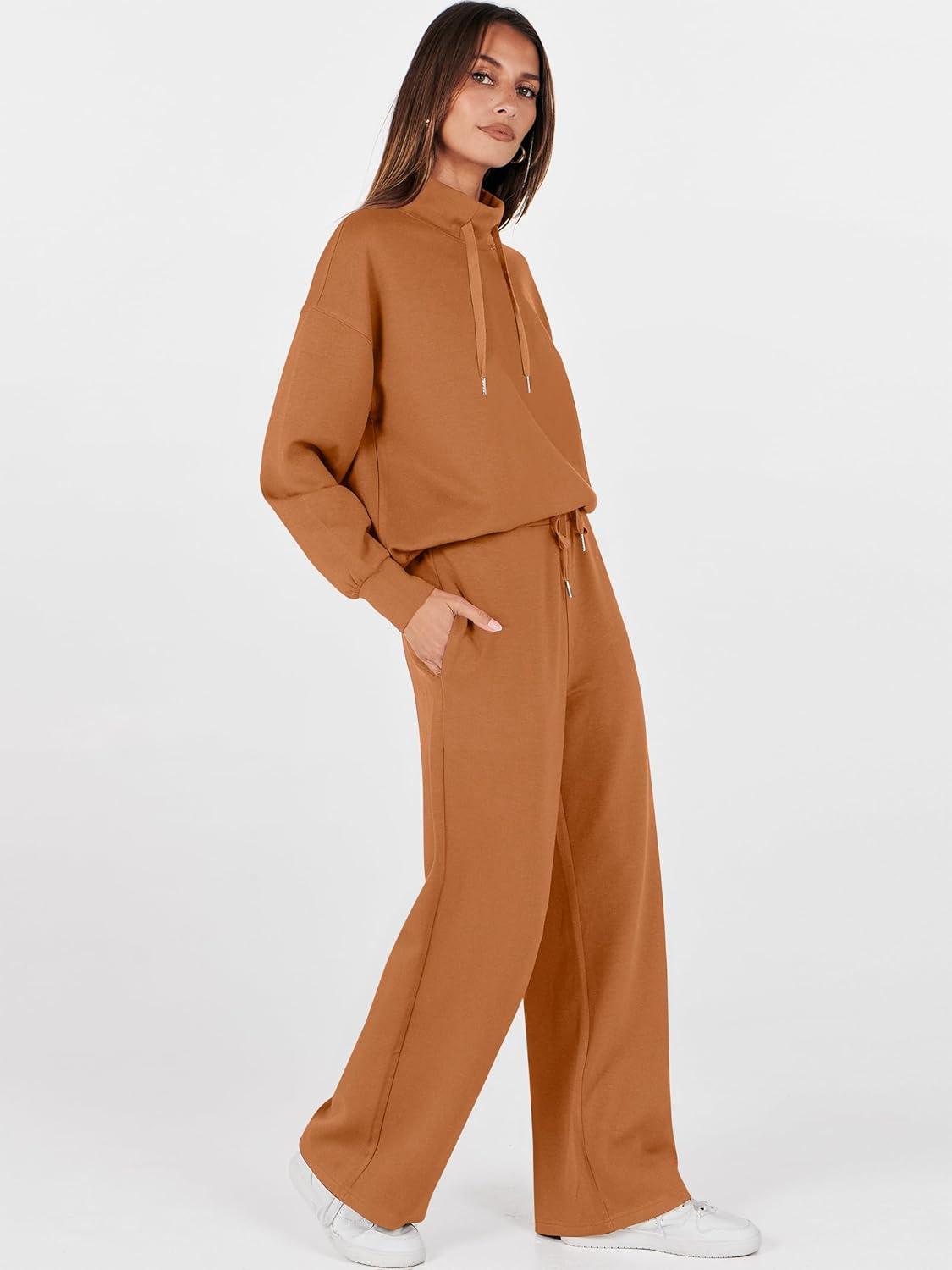 imageANRABESS Womens 2 Piece Outfits Sweatsuit Set 2025 Fall Drawstring Sweatshirt Wide Leg Sweatpant Lounge Set TracksuitCaramel