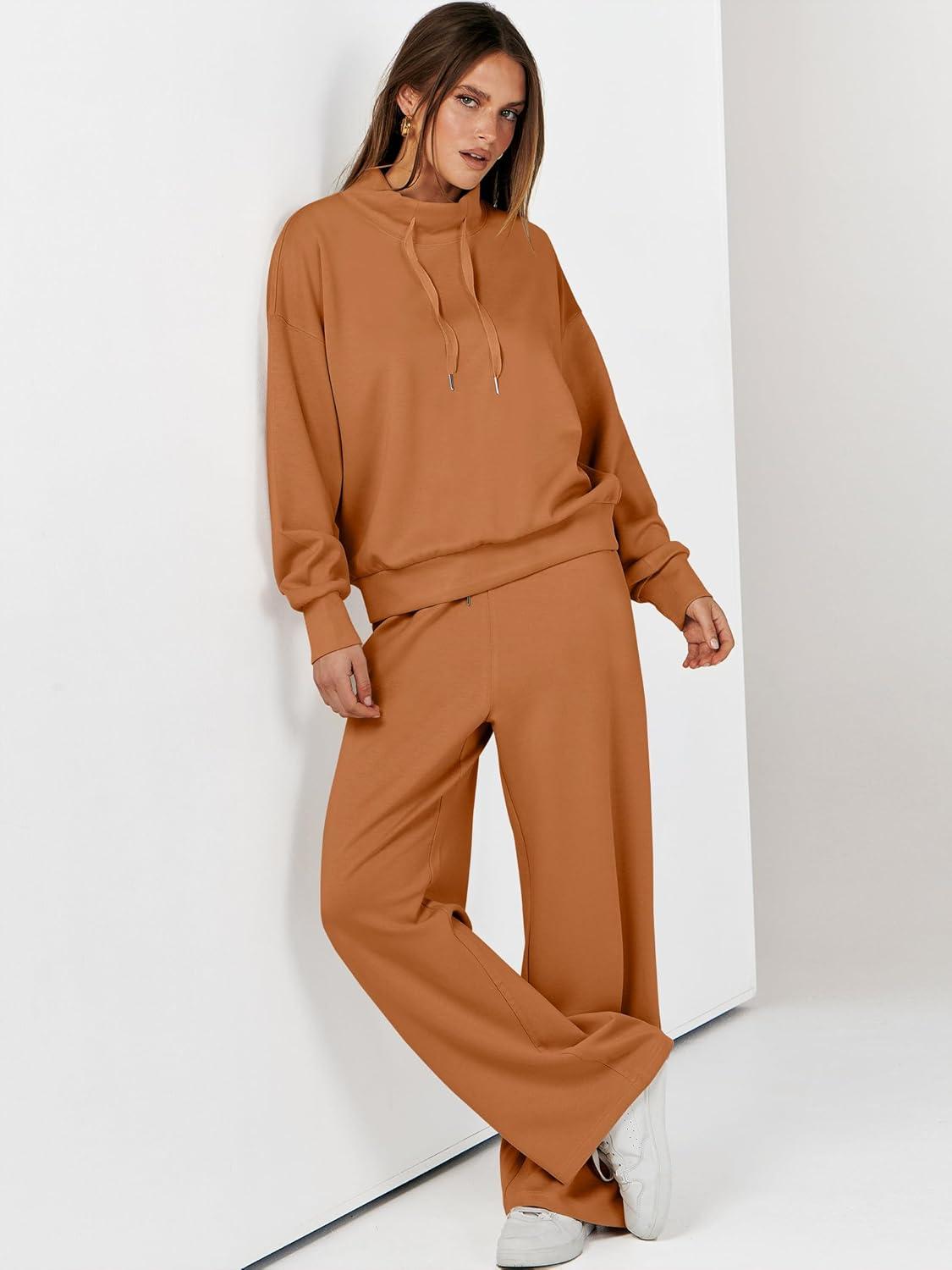 imageANRABESS Womens 2 Piece Outfits Sweatsuit Set 2025 Fall Drawstring Sweatshirt Wide Leg Sweatpant Lounge Set TracksuitCaramel