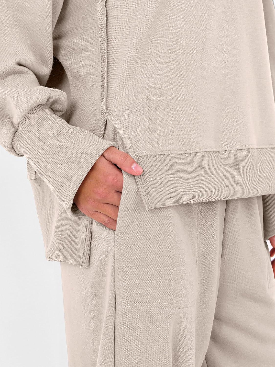 imageANRABESS Womens 2 Piece Outfits Sweatsuits Oversized Sweatshirts Barrel Pants Matching Lounge Sets 2025 Fall Travel ClothesAlmond