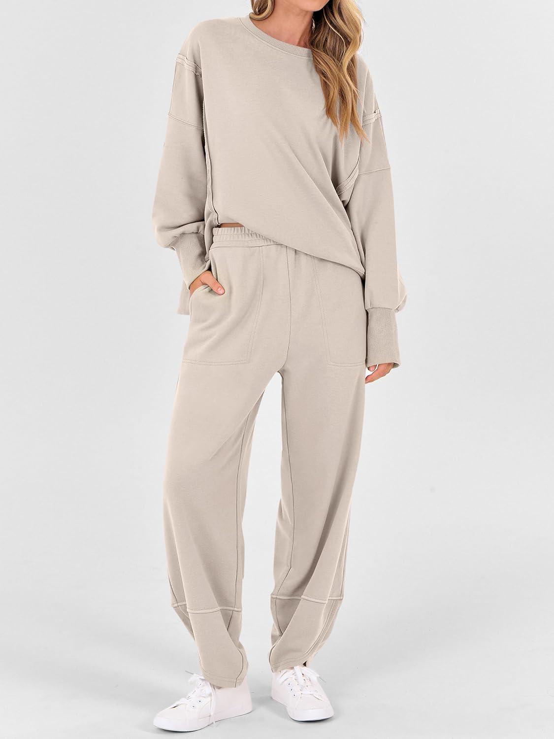 imageANRABESS Womens 2 Piece Outfits Sweatsuits Oversized Sweatshirts Barrel Pants Matching Lounge Sets 2025 Fall Travel ClothesAlmond