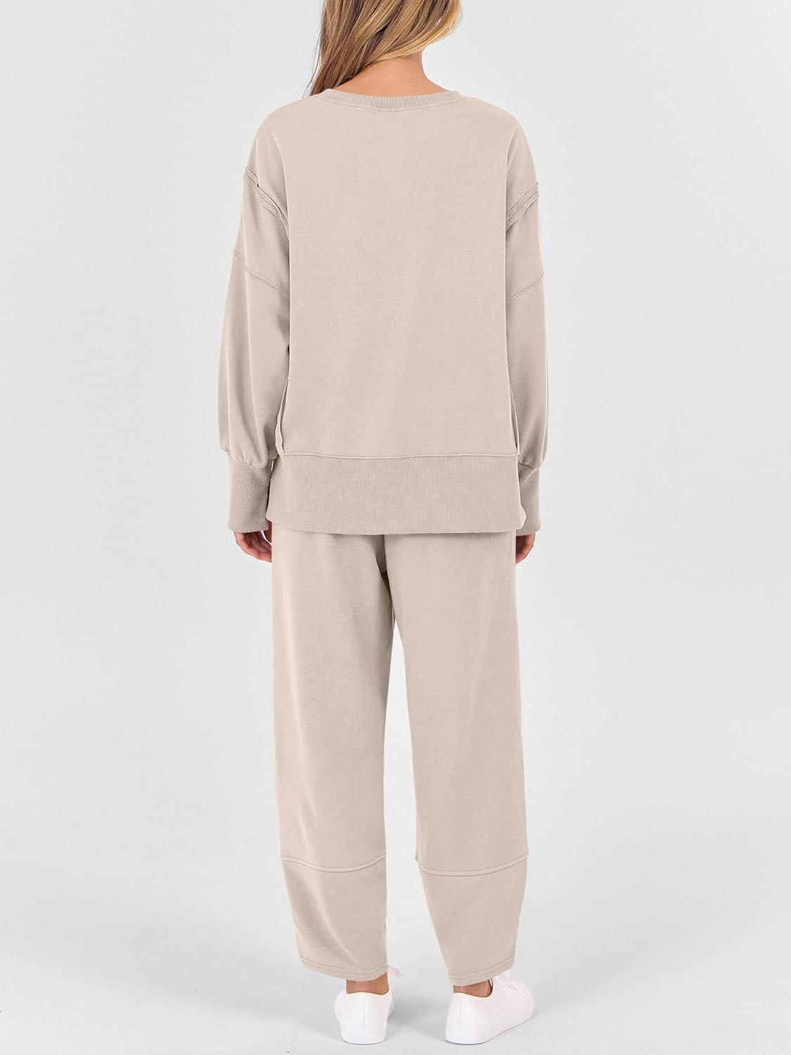 imageANRABESS Womens 2 Piece Outfits Sweatsuits Oversized Sweatshirts Barrel Pants Matching Lounge Sets 2025 Fall Travel ClothesAlmond