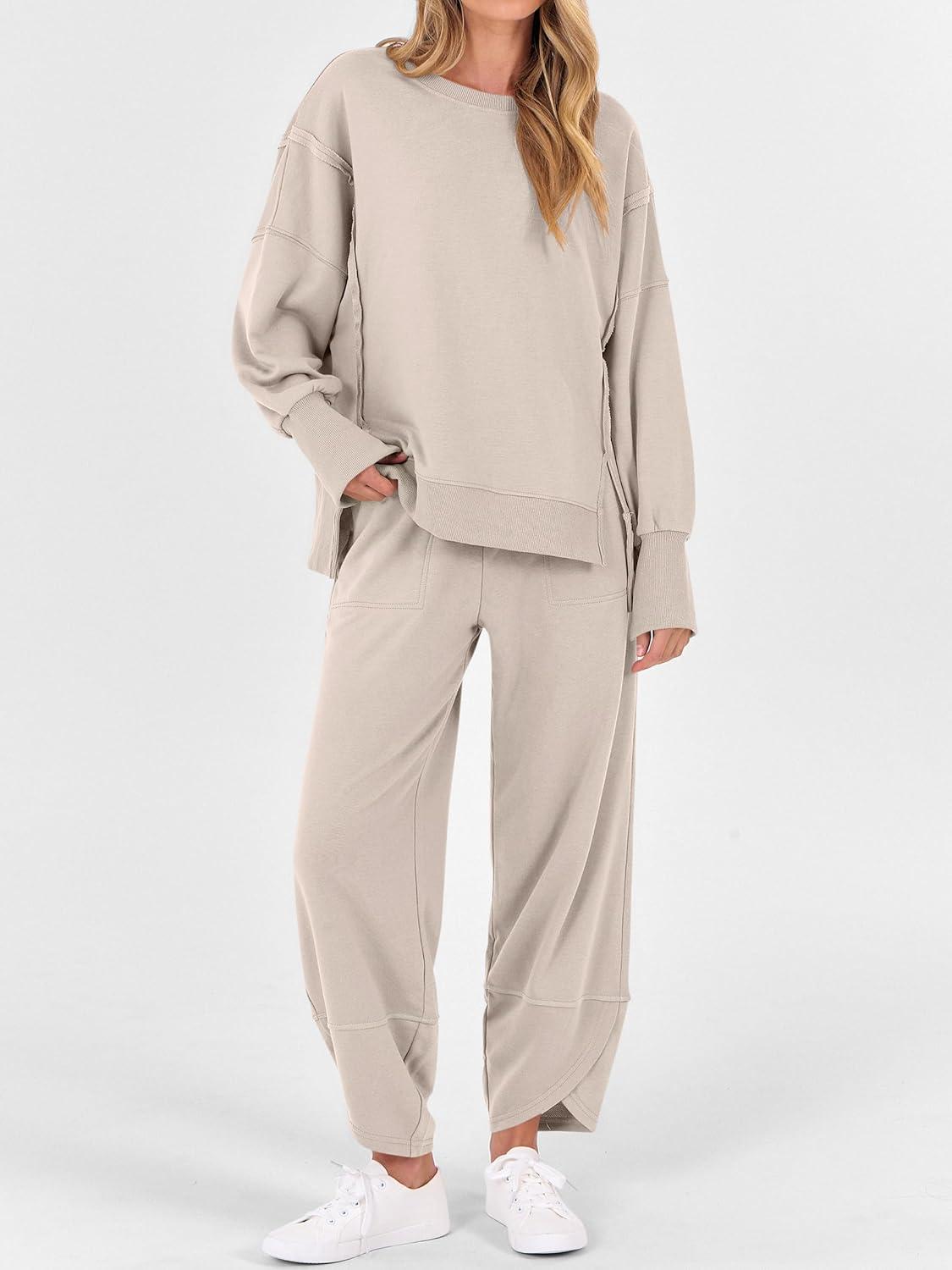imageANRABESS Womens 2 Piece Outfits Sweatsuits Oversized Sweatshirts Barrel Pants Matching Lounge Sets 2025 Fall Travel ClothesAlmond
