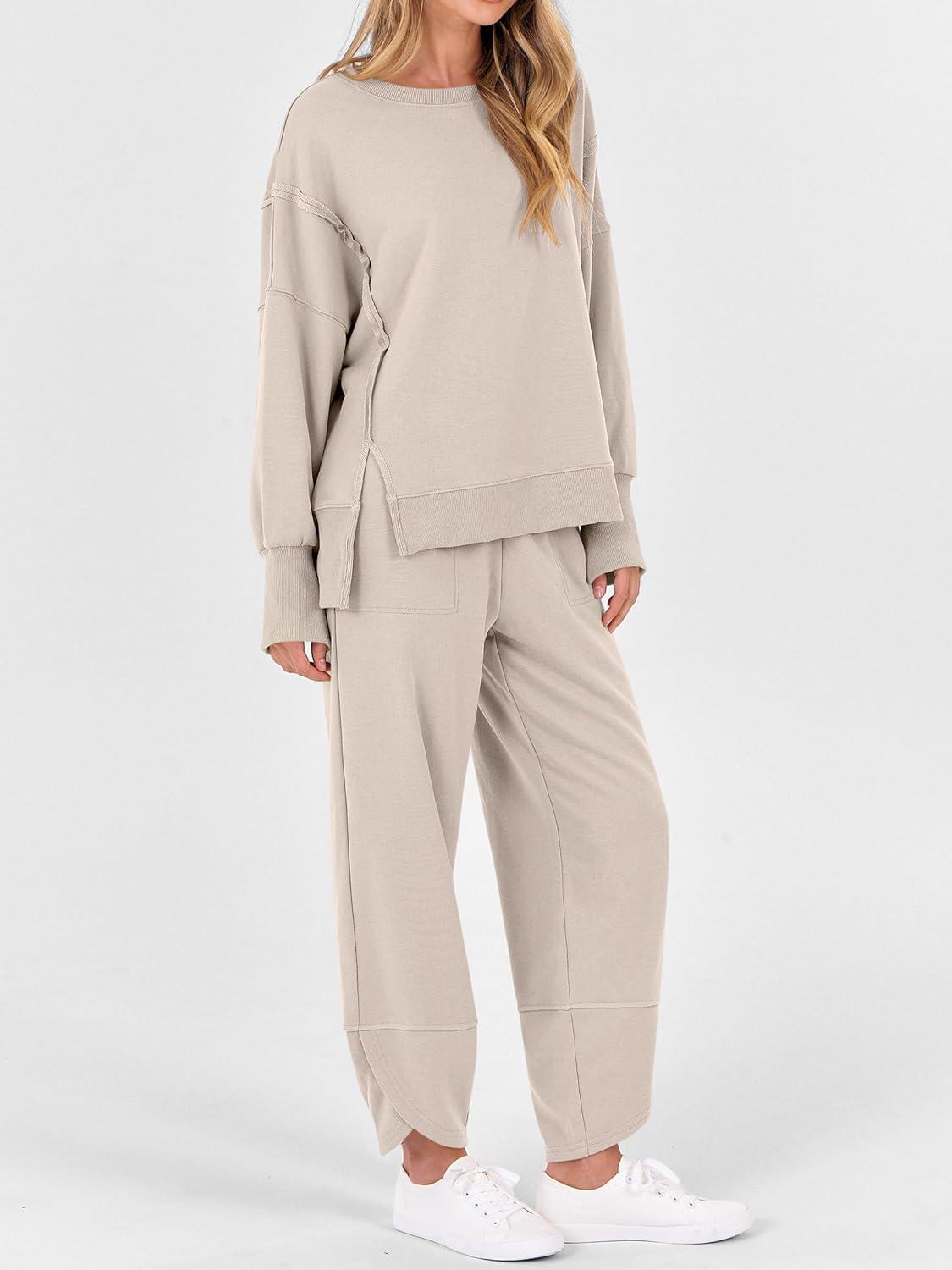 imageANRABESS Womens 2 Piece Outfits Sweatsuits Oversized Sweatshirts Barrel Pants Matching Lounge Sets 2025 Fall Travel ClothesAlmond