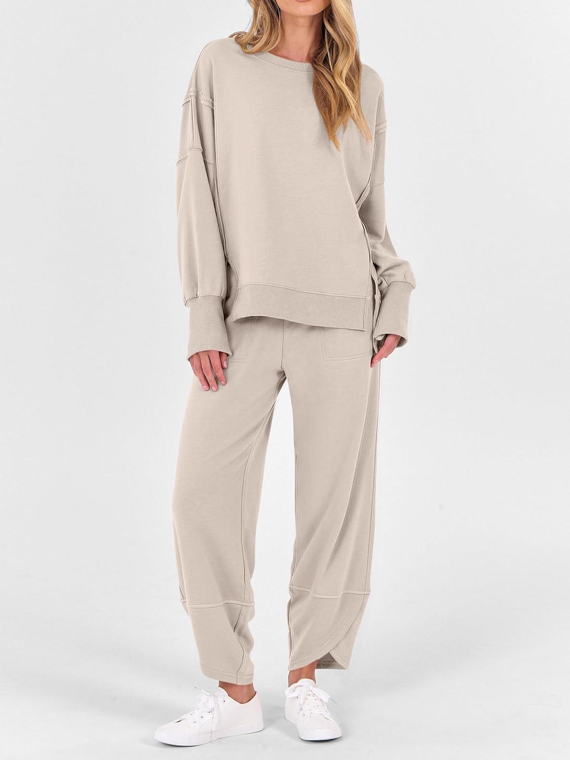 imageANRABESS Womens 2 Piece Outfits Sweatsuits Oversized Sweatshirts Barrel Pants Matching Lounge Sets 2025 Fall Travel ClothesAlmond