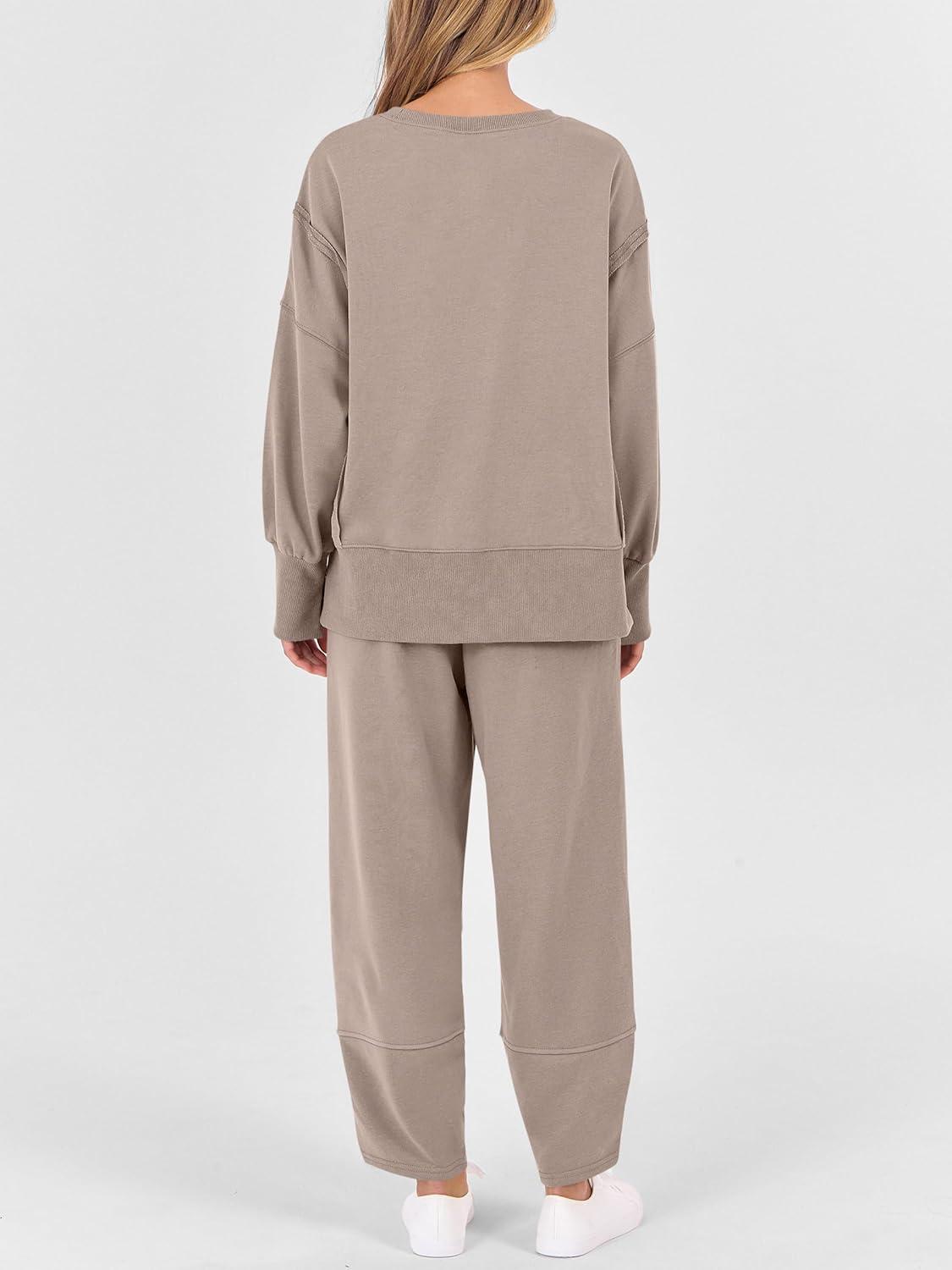 imageANRABESS Womens 2 Piece Outfits Sweatsuits Oversized Sweatshirts Barrel Pants Matching Lounge Sets 2025 Fall Travel ClothesKhaki