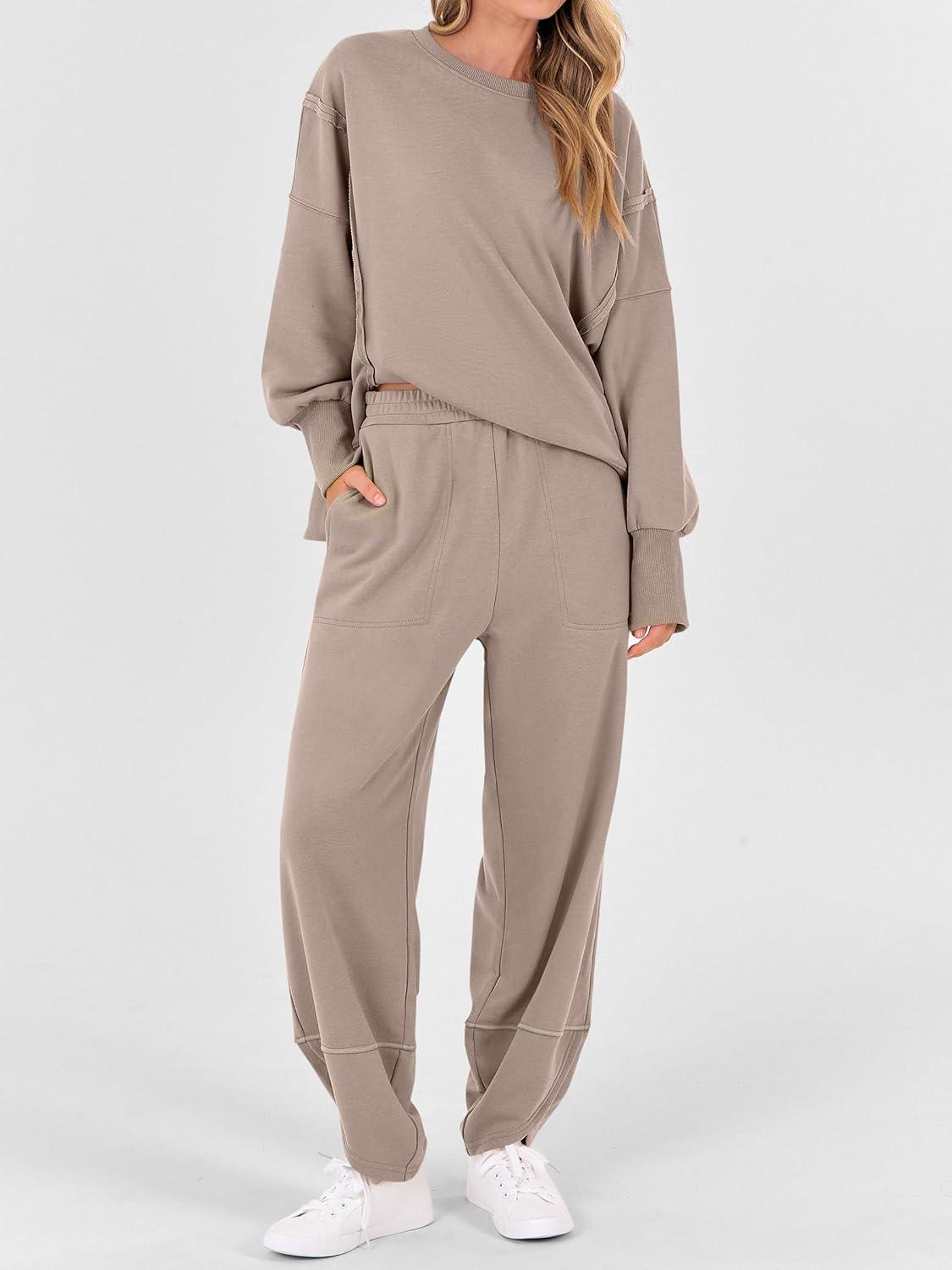 imageANRABESS Womens 2 Piece Outfits Sweatsuits Oversized Sweatshirts Barrel Pants Matching Lounge Sets 2025 Fall Travel ClothesKhaki