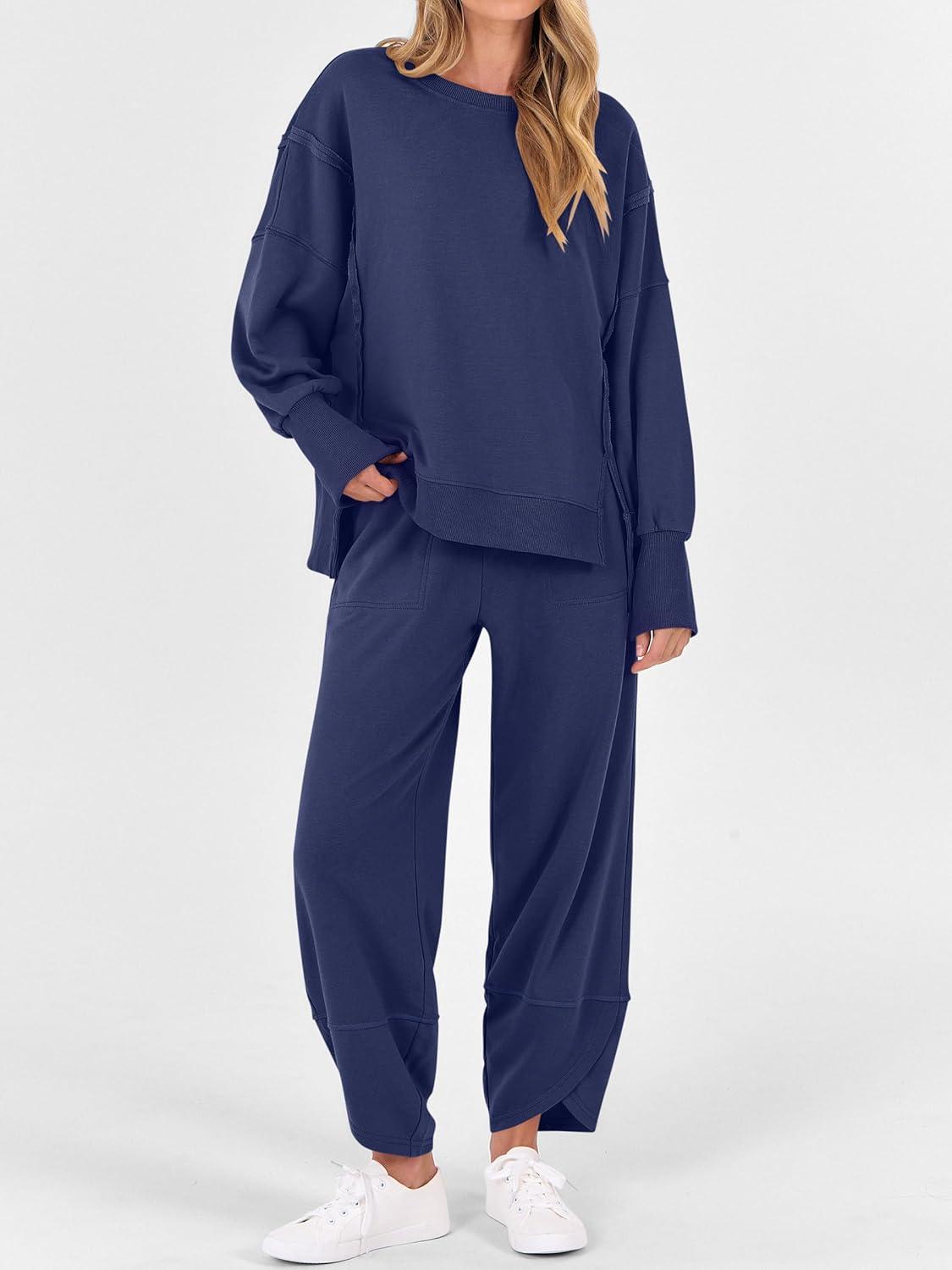 imageANRABESS Womens 2 Piece Outfits Sweatsuits Oversized Sweatshirts Barrel Pants Matching Lounge Sets 2025 Fall Travel ClothesNavy Blue