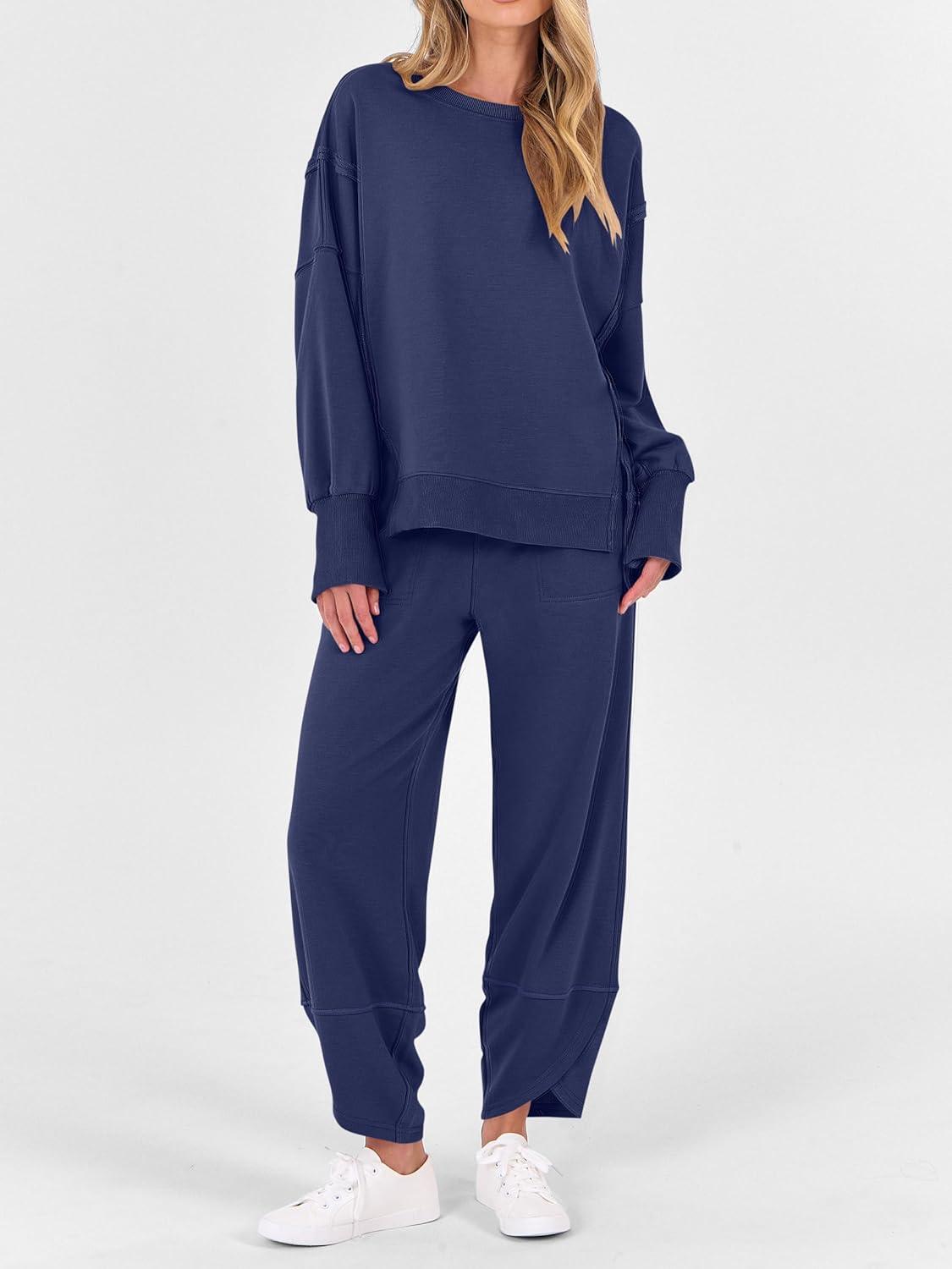 imageANRABESS Womens 2 Piece Outfits Sweatsuits Oversized Sweatshirts Barrel Pants Matching Lounge Sets 2025 Fall Travel ClothesNavy Blue