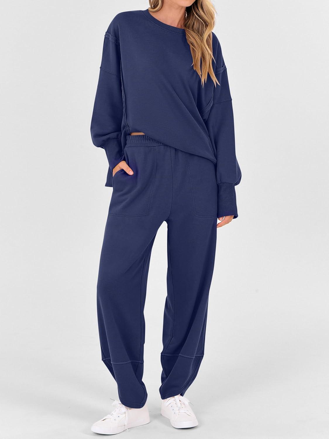 imageANRABESS Womens 2 Piece Outfits Sweatsuits Oversized Sweatshirts Barrel Pants Matching Lounge Sets 2025 Fall Travel ClothesNavy Blue